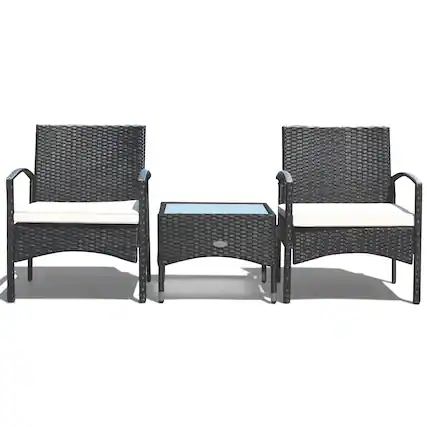 Front. Costway - Costway 3 PCS Furniture Set Table & 2 Chair Patio Wicker Rattan W/Cushion - Black.