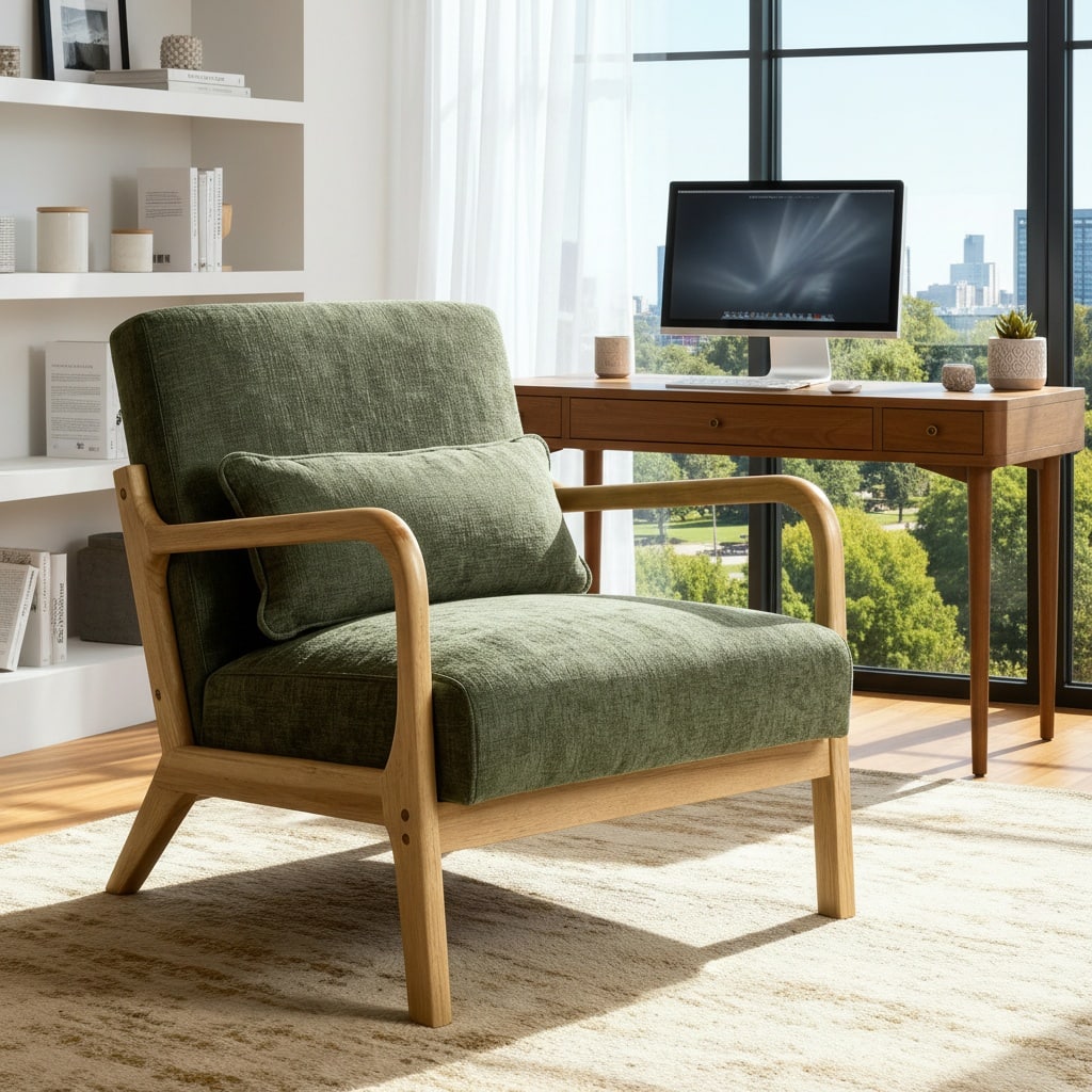 Forest'nSky - Natural Wood Mid Century Modern Office Chair with Solid Wood Frame & Lumbar Pillow with Cushion - Army Green