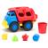 The image features a red and blue toy truck with a yellow hood, sitting on a white background. The truck is accompanied by several small toy pieces, including a red bucket, a green triangle, and a blue circle. The toy pieces are scattered around the truck, adding to the playful atmosphere of the scene.