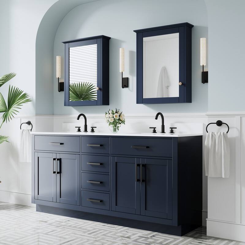 Angle. WELLFOR - 72 in Solid Wood Bathroom Vanity with Double Sink,4 Doors,6 Drawers& Cultured Marble Countertop,Matte Black Handle - Navy Blue.