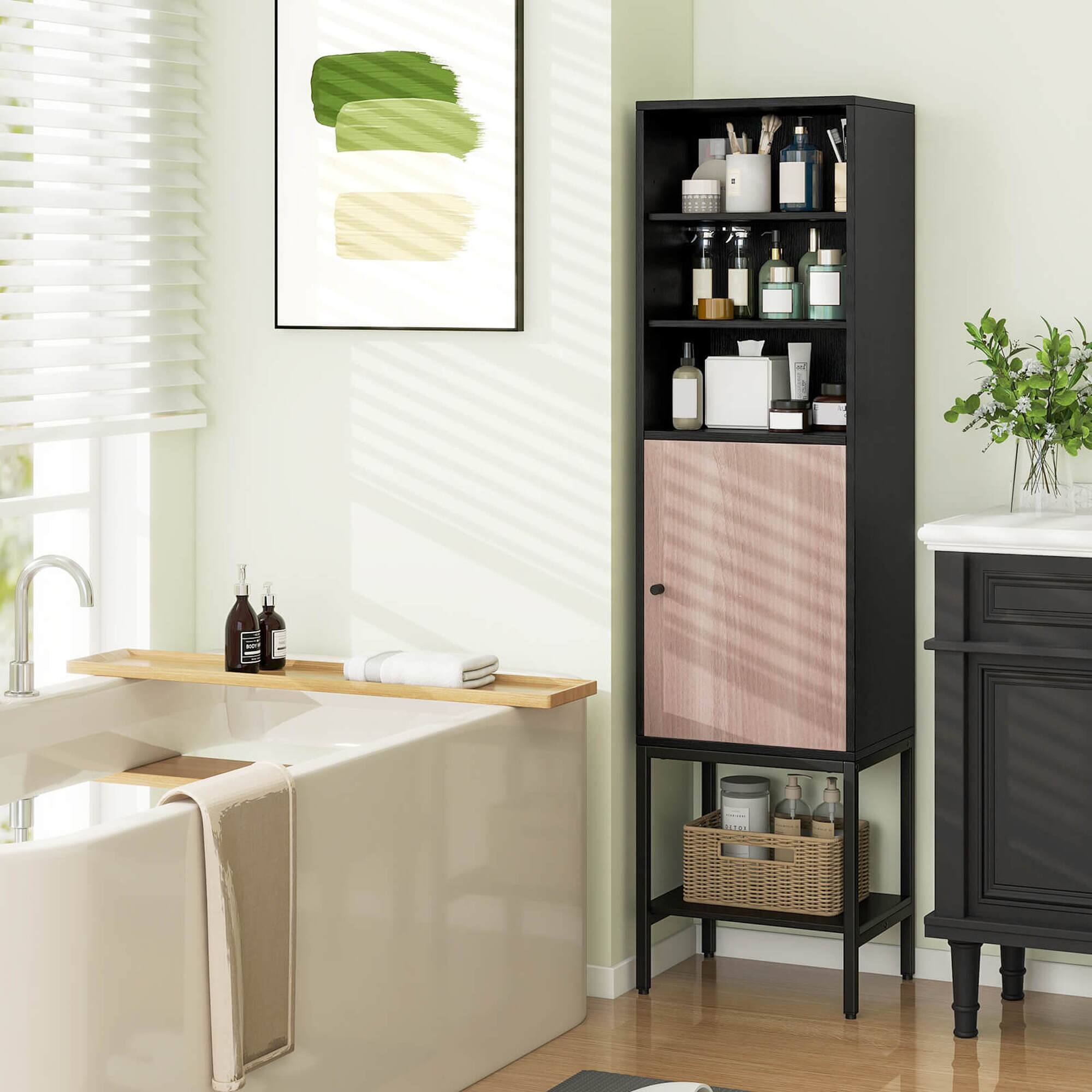 Alt View 3. Costway - Costway 57" Bathroom Tall Cabinet with 1 Door and 4 Shelves Freestanding Floor Cabinet Black - Black.