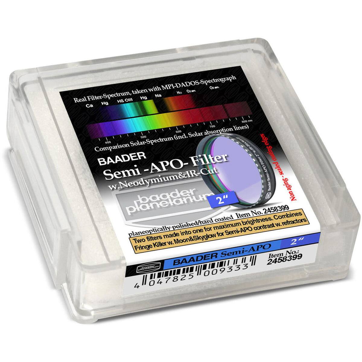 Real Filter-Spectrum, taken with MPI-DADOS-Spectrograph  
Comparison Solar-Spectrum (incl. Solar absorption lines)  
BAADER Semi-APO-Filter w.Neodymium&IR-Cut  
planeoptically polished/hard coated Item No. 2458399  
Two filters made into one for maximum brightness. Combines contrast w. refractors  
Fringe Killer w. Moon&Skyglow  
Item No.: 2458399  
4 047825 009333