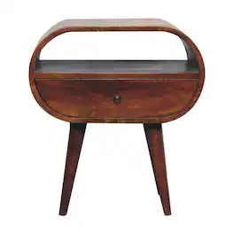 Artisan Furniture - Solid Wood Large Circular Bedside, 1 Drawer, 1 Open Slot, Nordic Legs, Dark Brown - Chestnut