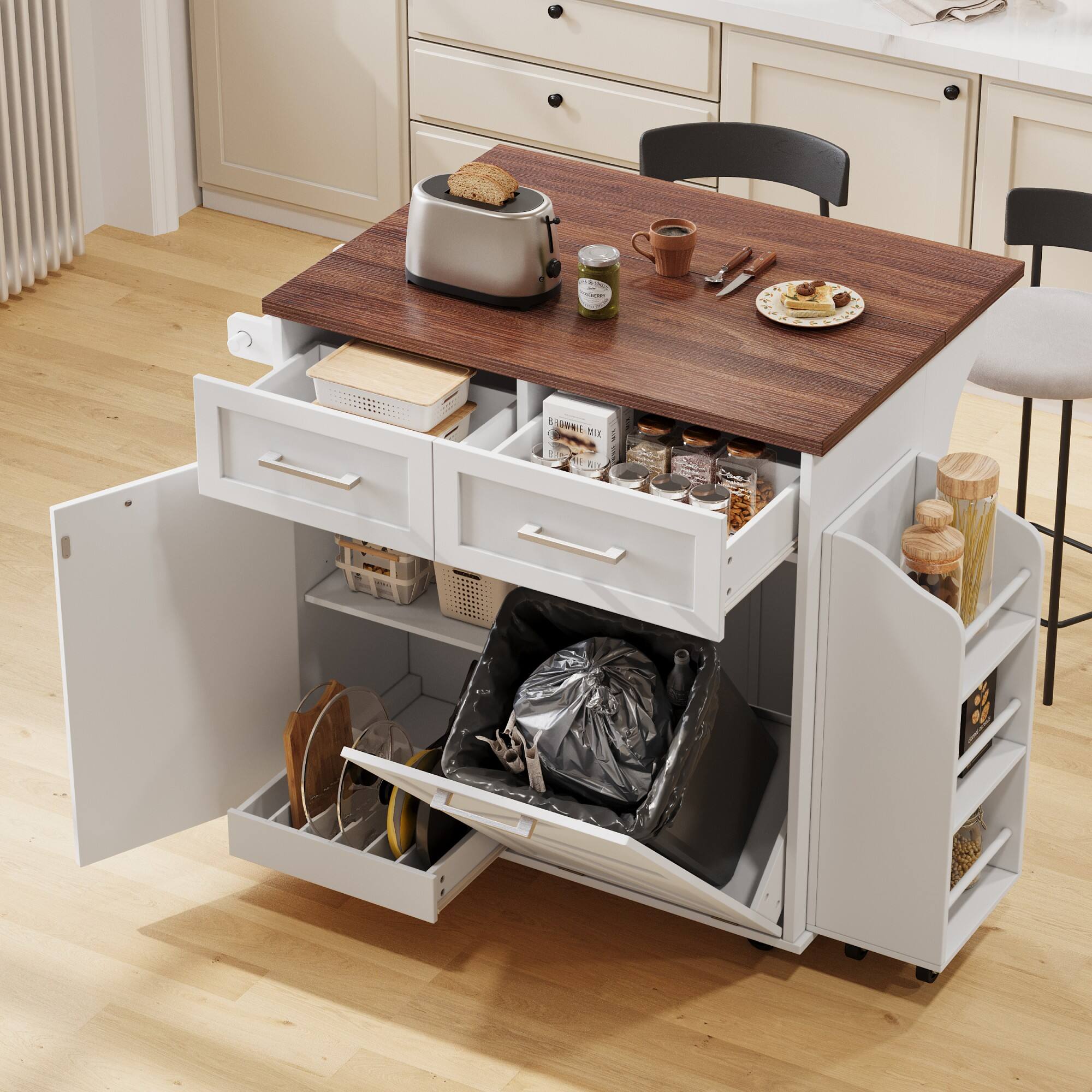 Alt View 9. Ecooso - 47.2" Farmhouse Kitchen Island with Drop Leaf, Removable Side Shelf, Concealed Trash Cabinet, Ample Storage on Wheels - White.
