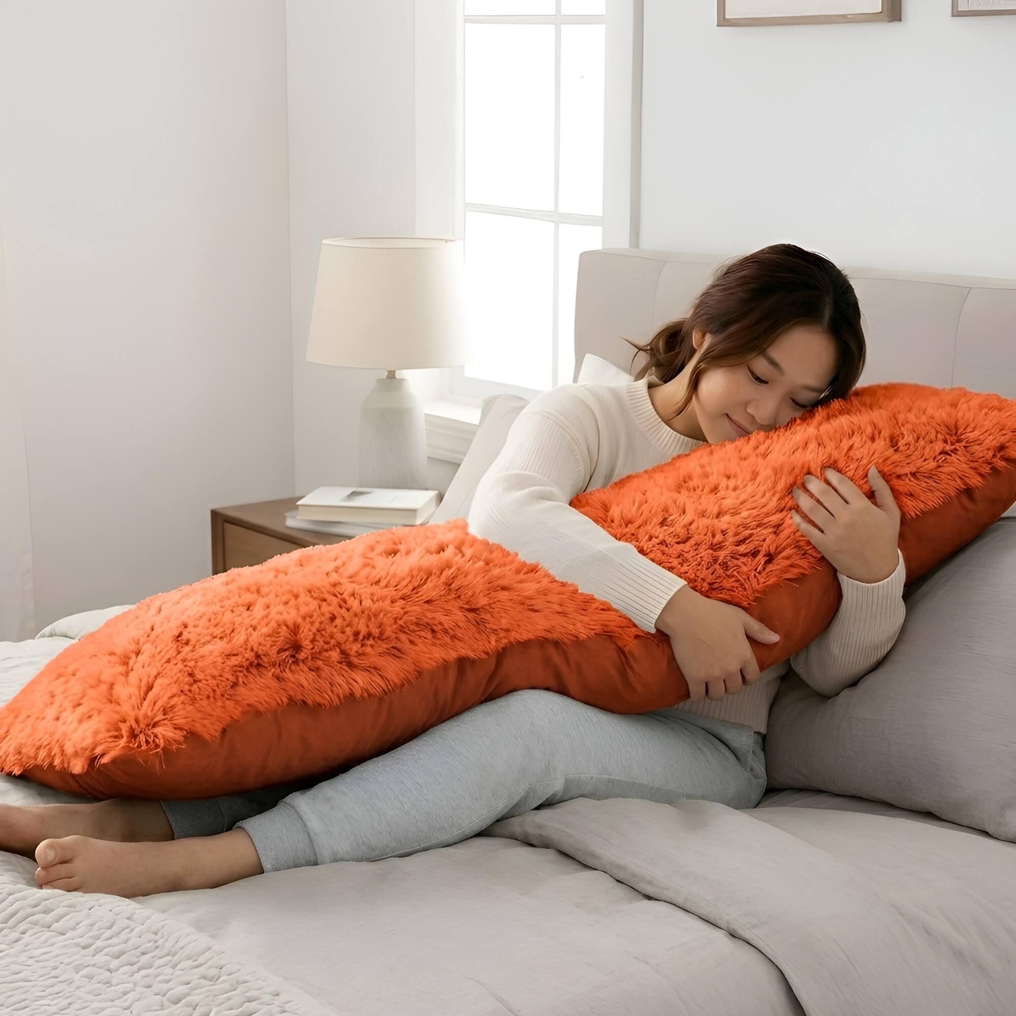Angle. Cheer Collection - Ultra Plush Long Hair Shaggy Faux Fur Body Pillow with Down Alternative Fill, 20 x 54 in - Rust - Rust.