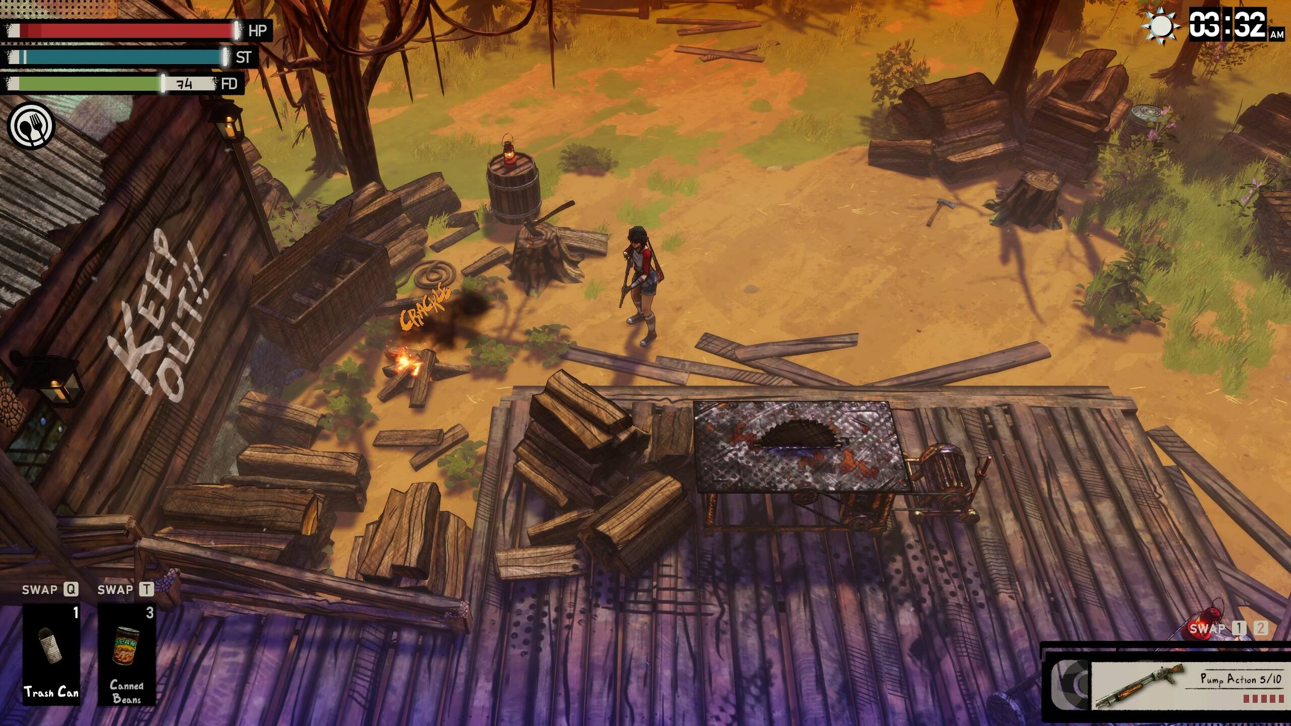 HP ST 0 : 32 AM 74 FD KEEP OUT!! CRACKL SWAP Q SWAP T 1 TA 3 SWAP : 2 Trash Can Canned Beans Pump Action s/10