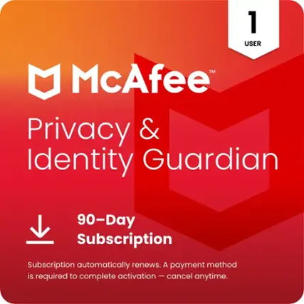 McAfee Privacy & Identity Guardian 90-Day Subscription: Subscription automatically renews. A payment method is required to complete activation - cancel anytime.