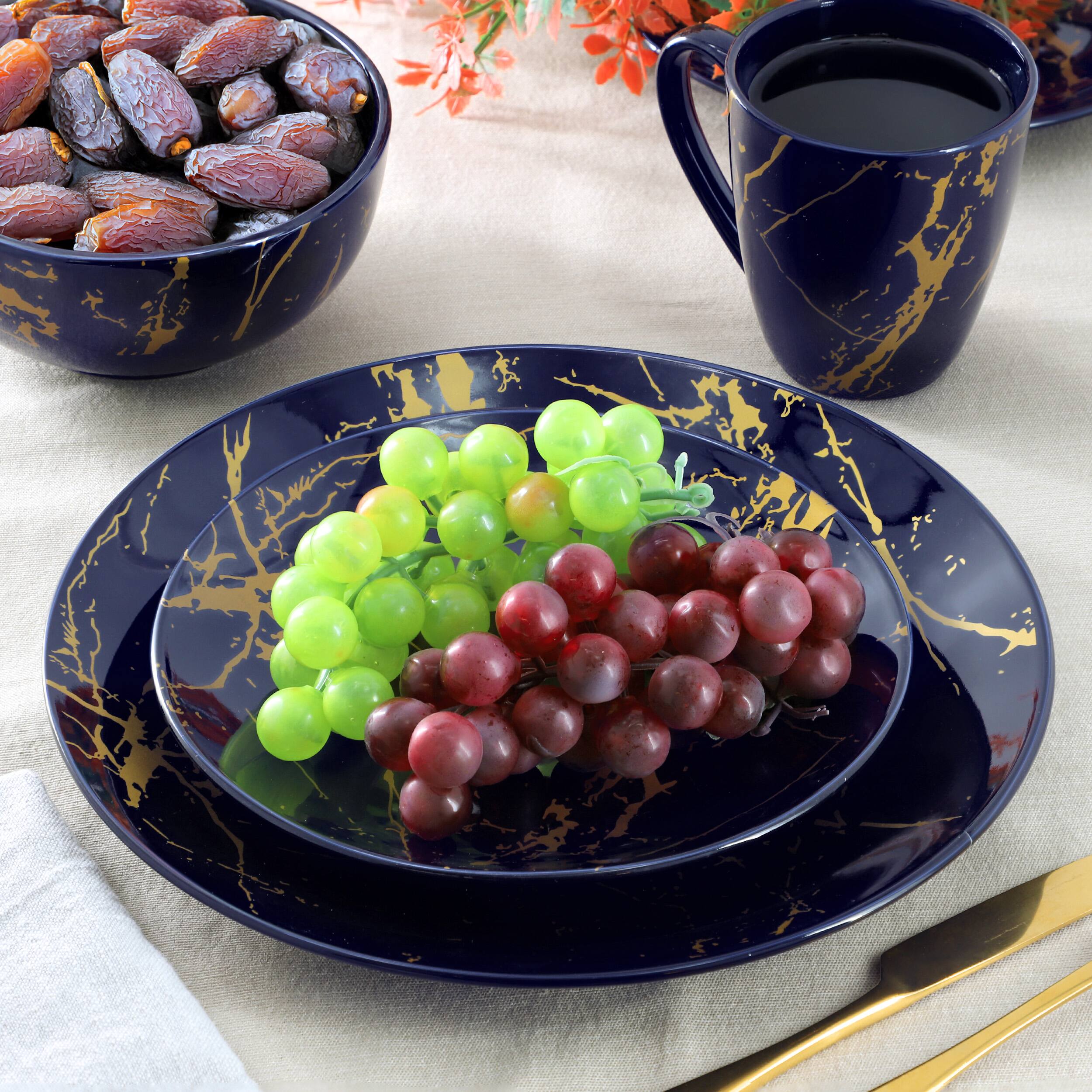 Alt View 5. Elama - Elama Fine Marble 16 Piece Porcelain Dinnerware Set in Dark Blue with Gold Veining - Dark Blue and Gold.