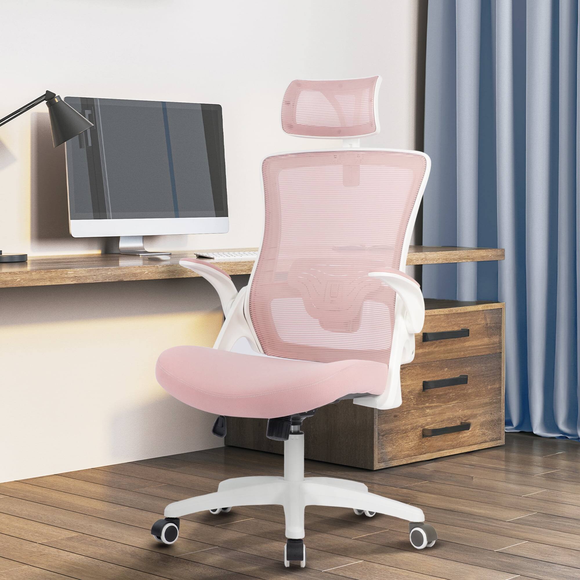 Alt View 6. Neo Chair - Office Desk Chair Computer High Back Support Mesh Comfy Adjustable Ergonomic Headrest Lumbar Rolling Flip-up Armrests - Plastic Base-Pink.