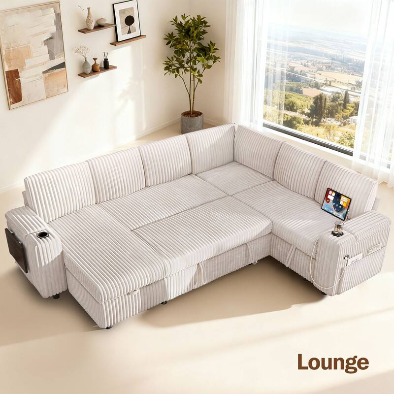 Back. Dyonery - 110" Modular Sectional Sofa with Pull Out Bed,Corduroy Fabric 7 Seat Sectional Sofa with Storage,for Living Room - Beige.