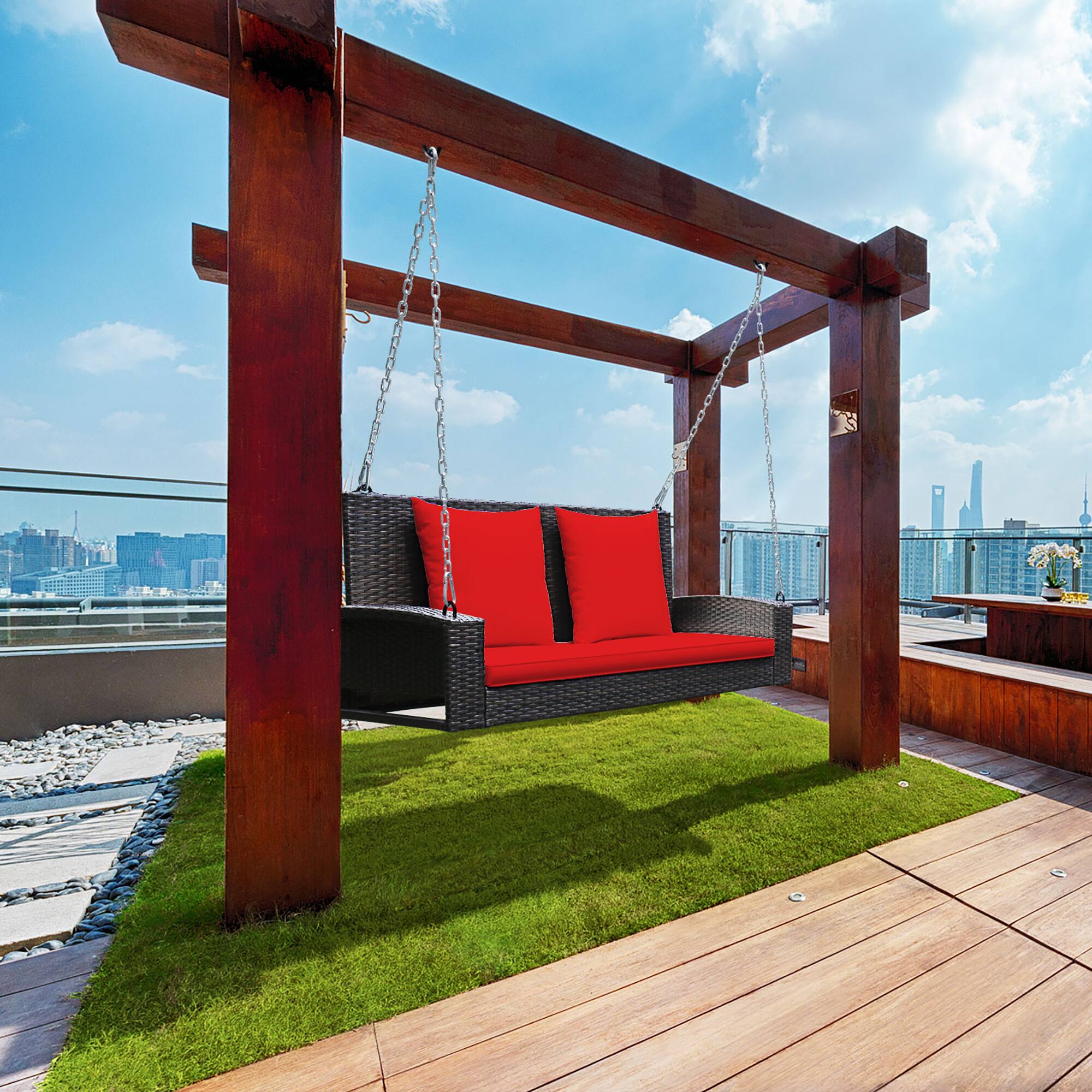 Alt View 2. Costway - Costway 2-Person Patio Rattan Hanging Porch Swing Bench Chair Cushion - Red.