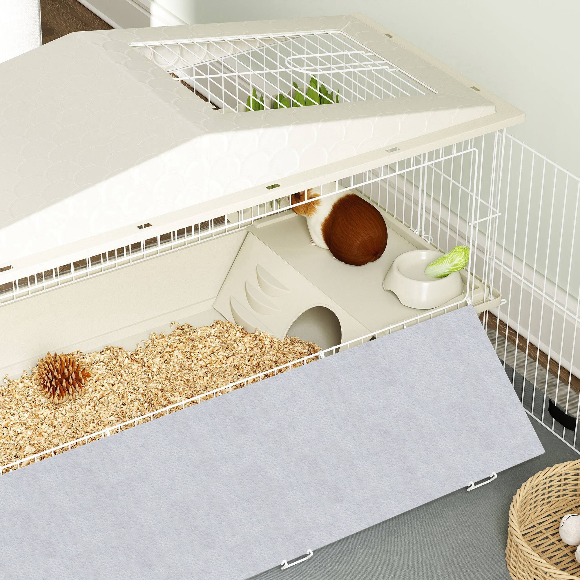 Alt View 5. Pawhut - Small Animal Cage, Removable Pet Playpen, Waterproof Pad, Food Dish, Water Bottle, Hay Feeder, Soft-Covered Ramp.
