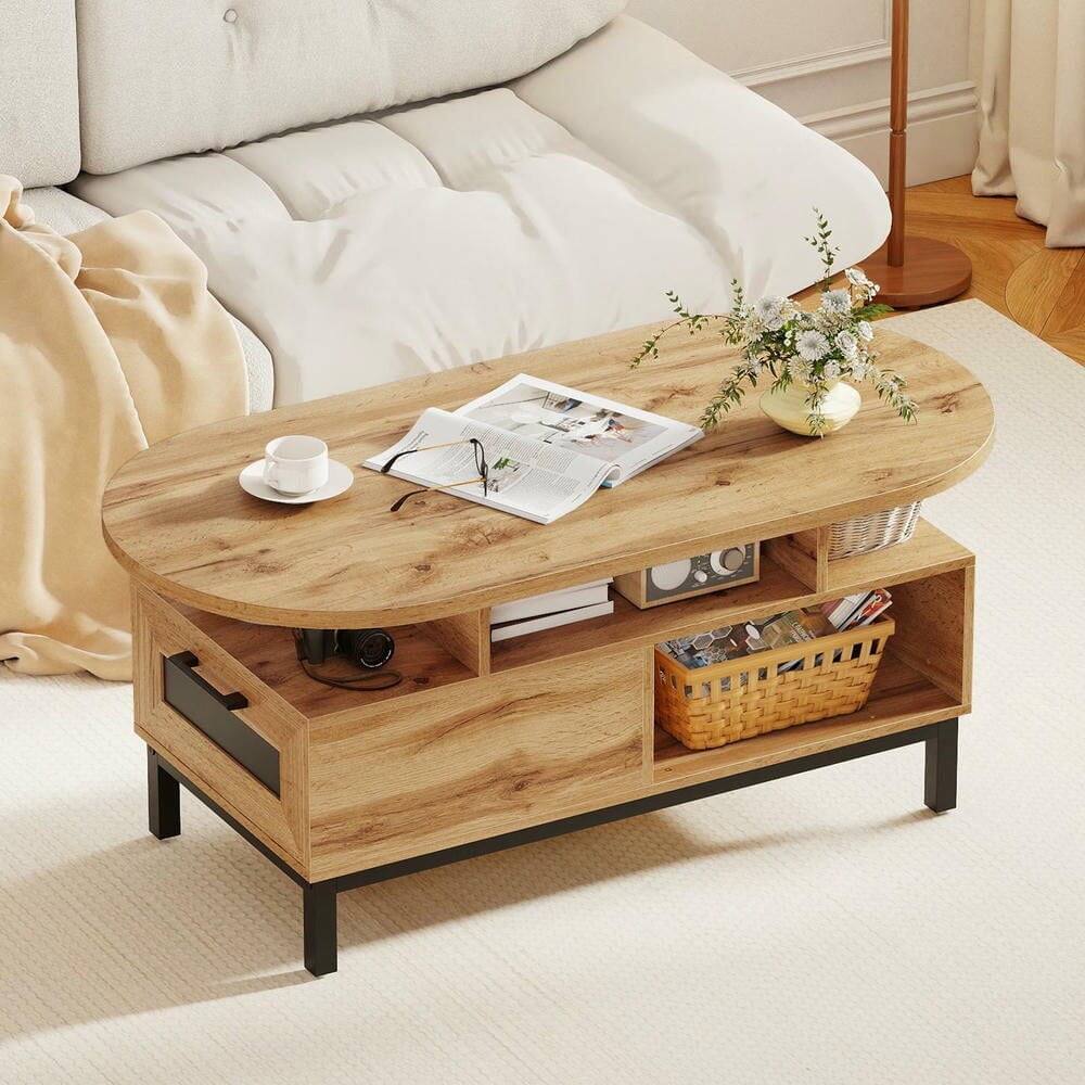 Alt View 1. Kadyn - 47" Oval Coffee Table with Storage Compartment and Open Shelf, Natural Finish - Brown.
