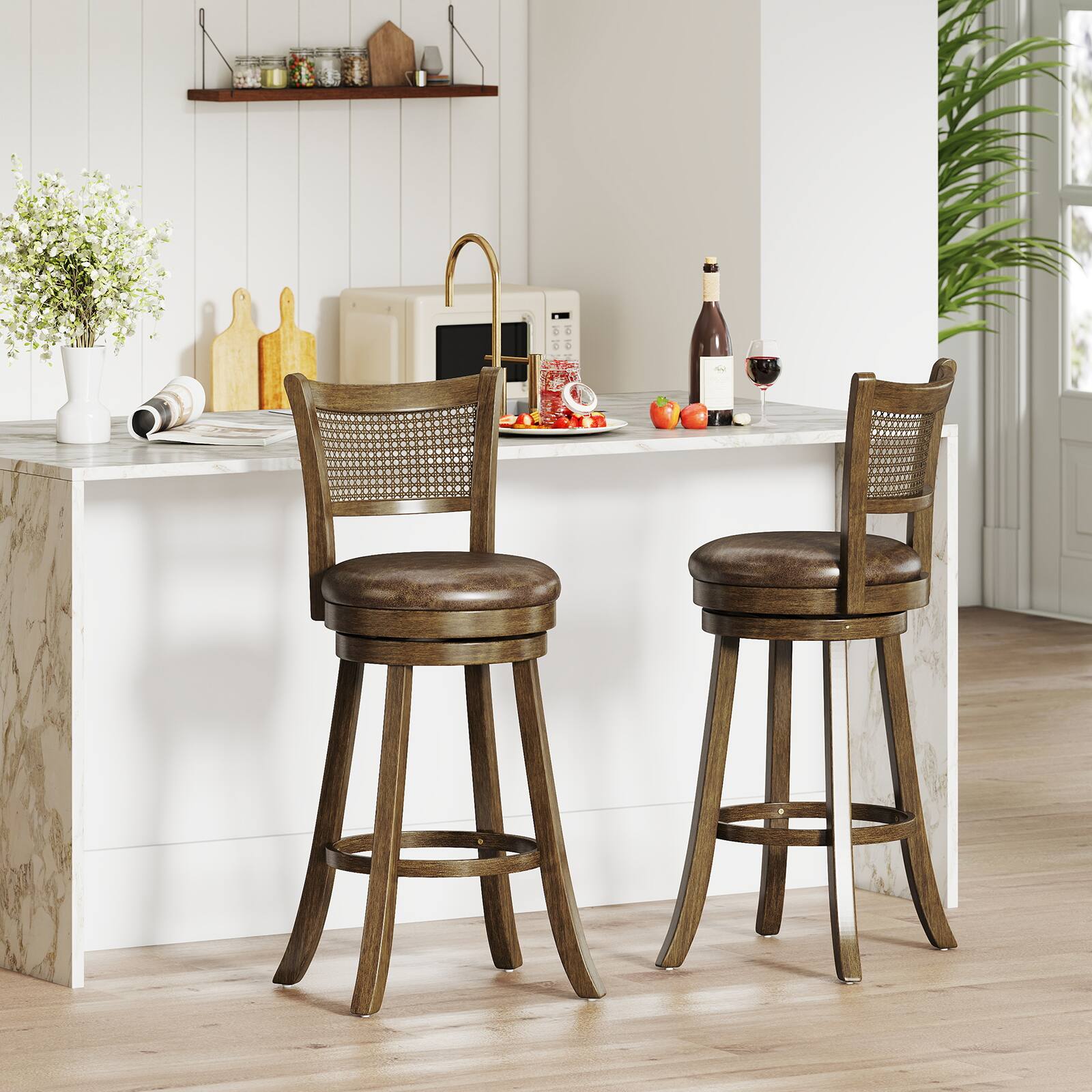 Alt View 3. Gymax - Gymax Set of 4 Bar Stools 30'' Swivel Bar Chairs w/ PE Rattan Backrest Bar Height - Brown.