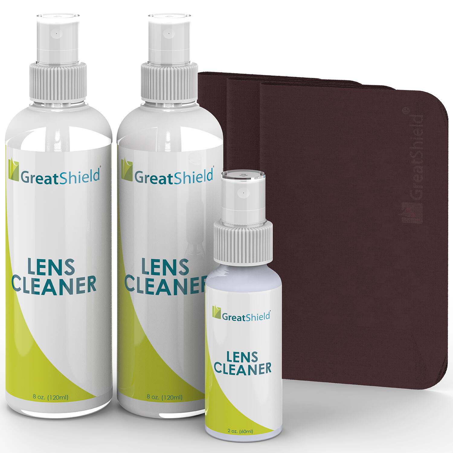 GreatShield - Lens Cleaner Spray Kit, 2X 8oz + 2oz Cleaning Solution+3X Microfiber Cloths, Streaks and Alcohol Free