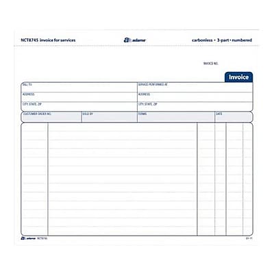 NCT8745 Invoice for services  
carbonless • 3-part numbered  

INVOICE  

[Details]  
[Date]  
[Client Name]  
[Client Address]  

[Description of Services]  
[Quantity]  
[Unit Price]  
[Total]  

[Subtotal]  
[Tax]  
[Total Due]  

[Payment Terms]  
[Due Date]  

[Invoice Number]  
[Date Issued]  

[Signature]  
[Authorized by]  

[Company Name]  
[Company Address]  
[Company Phone]  
[Company Email]