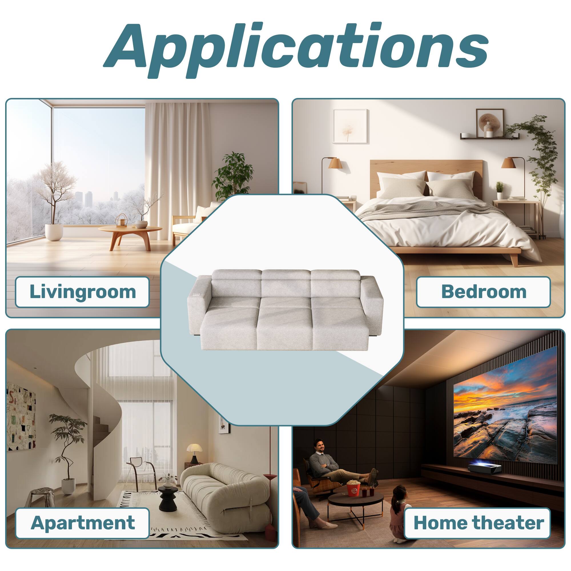 Applications

- Living room
- Bedroom
- Apartment
- Home theater