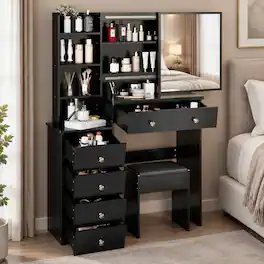RYHNUYNE - 37 in Makeup Vanity Table Set, Sliding Mirror, Cushioned Stool, Multi Layer Storage, UL and EPA Certified - Black