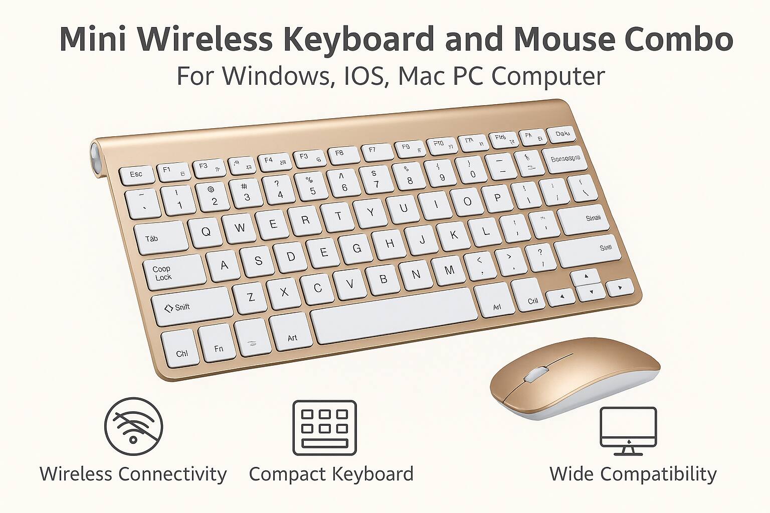 Mini Wireless Keyboard and Mouse Combo For Windows, IOS, Mac PC Computer

F1 Esc E - i 1 Tab Coop Lock Snift F3 6 O. F4 15 F3 I T ? %  # 4 5 2 3 E R Q W D E A S X C Z F7 F9 FB  &  S 7 8 6 Y U T H  G B N V  FWS F7O  T  :  1 : 9 0 o P I I K L I 3  M Arl FR Daiu El & Bensosgra rl  5 ! I I I 1. Sinai 1 Ste ? I A  4 Cril Chl Fn if Art

Wireless Connectivity
Compact Keyboard
Wide Compatibility