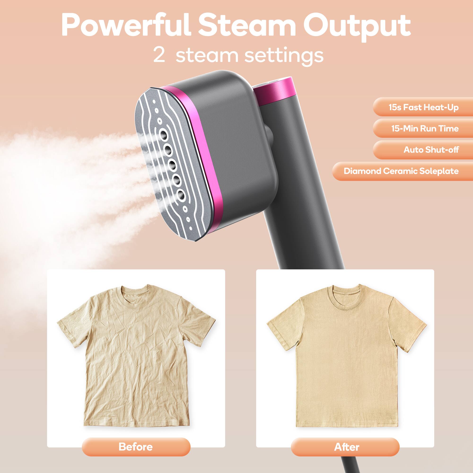 Powerful Steam Output  
2 steam settings  

15s Fast Heat-Up  
15-Min Run Time  
Auto Shut-off  
Diamond Ceramic Soleplate  

Before  
After