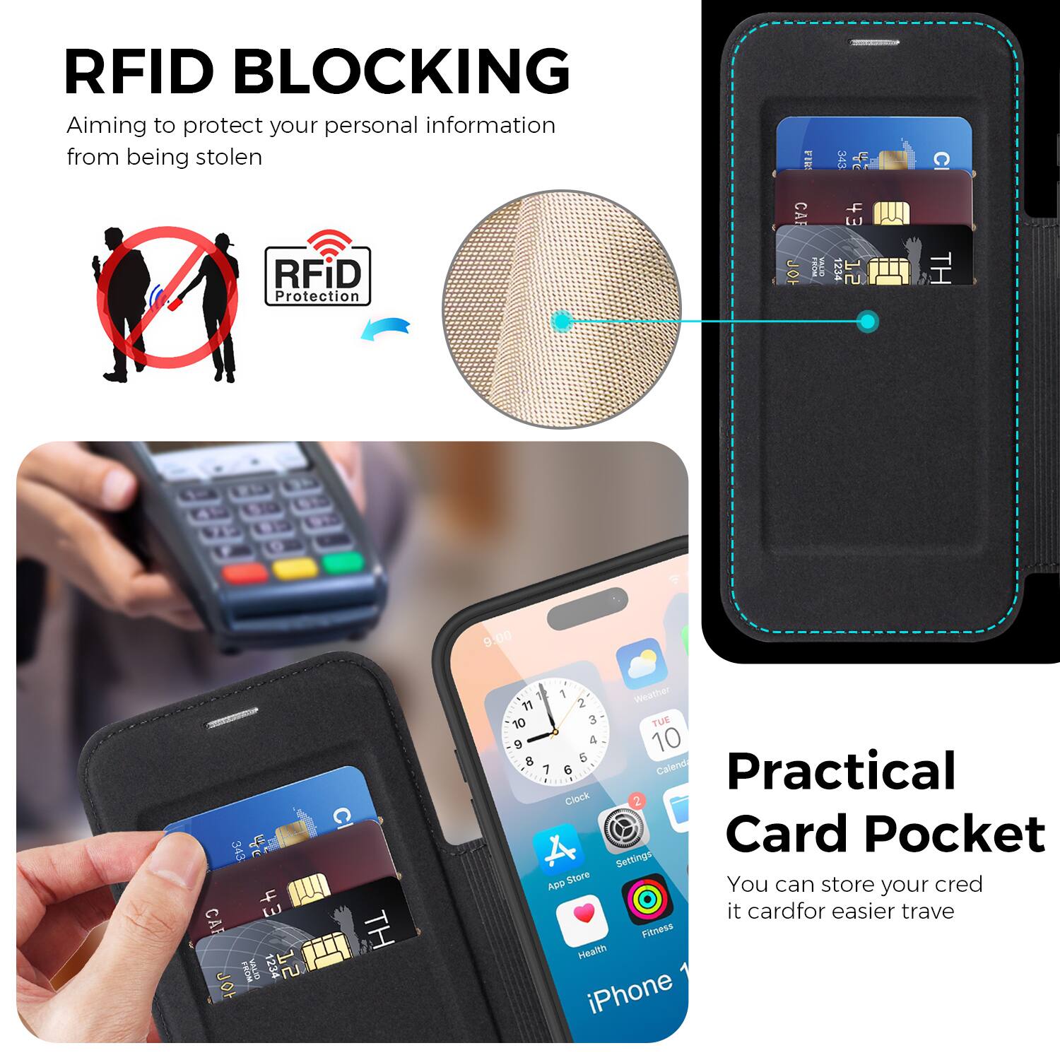 RFID BLOCKING  
Aiming to protect your personal information from being stolen  

Practical Card Pocket  
You can store your credit card for easier travel