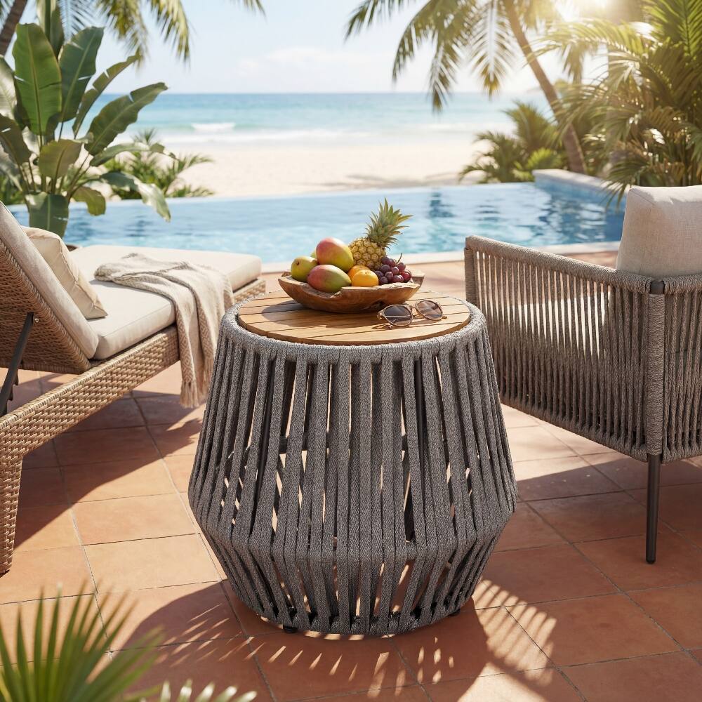 Left. Loheer - Loheer Outdoor Side Table Acacia Wood Rope Design Teak Finish - Grey.