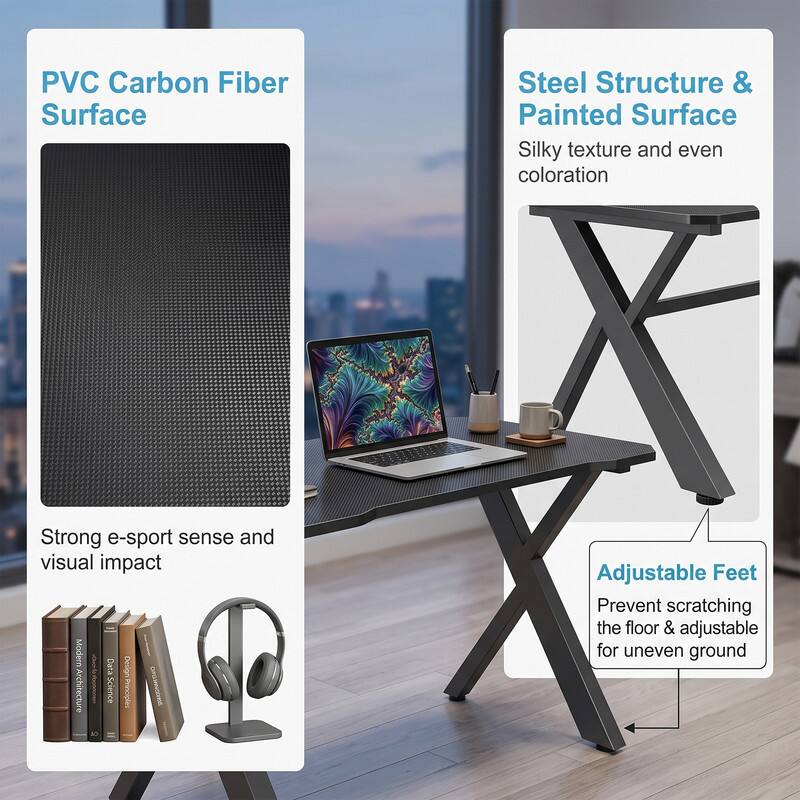 PVC Carbon Fiber Surface  
Steel Structure & Painted Surface  
Silky texture and even coloration  
Strong e-sport sense and visual impact  
Modern I Data Design Architecture | Science  
Adjustable Feet  
Prevent scratching the floor & adjustable for uneven ground