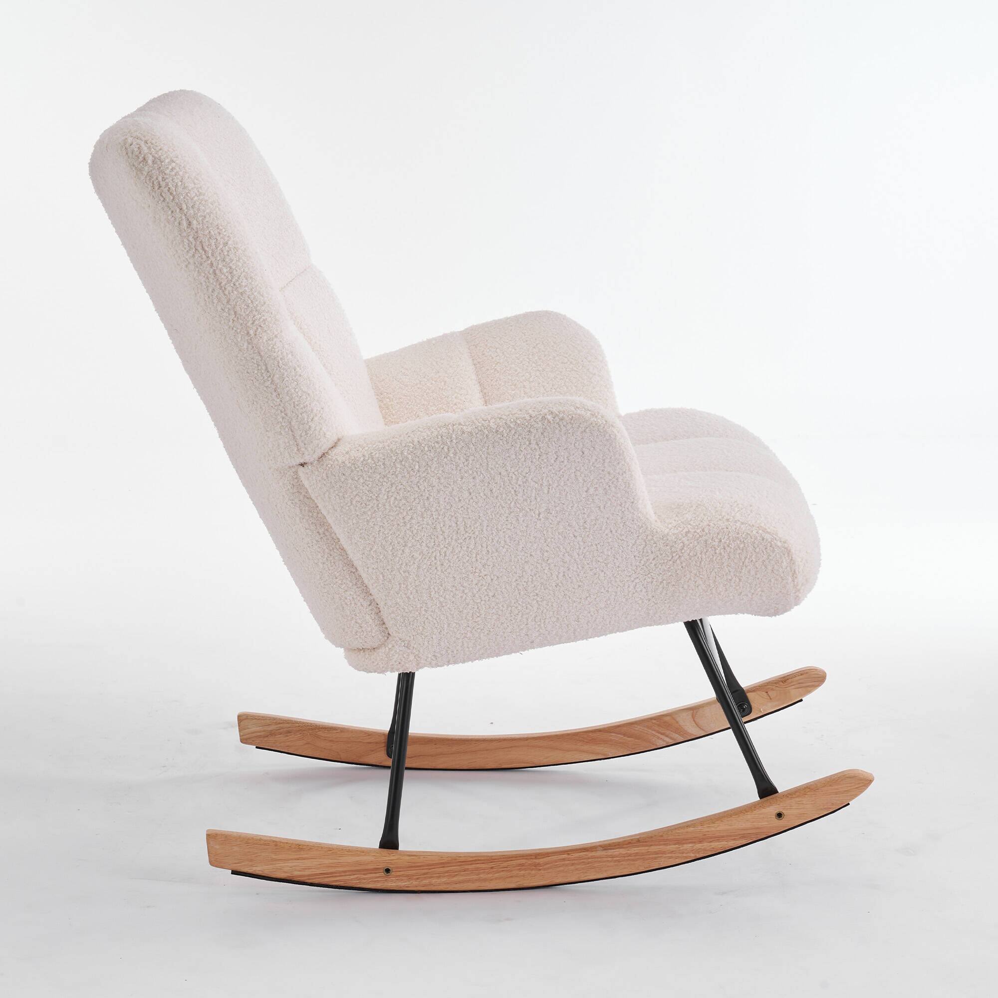 Left. FERPIT - FERPIT Teddy Upholstered Wingback Rocking Accent Chair with Rubberwood Legs, White - White.