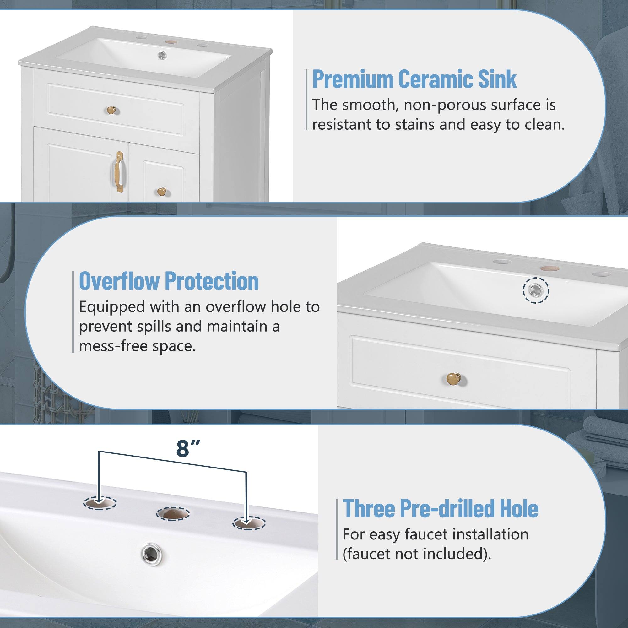 Premium Ceramic Sink  
The smooth, non-porous surface is resistant to stains and easy to clean.

Overflow Protection  
Equipped with an overflow hole to prevent spills and maintain a mess-free space.

Three Pre-drilled Hole  
For easy faucet installation (faucet not included).