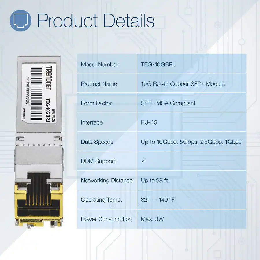 Trendnet 10G RJ 45 Copper SFP+ Module, Convert A Standard SFP+ Slot ...