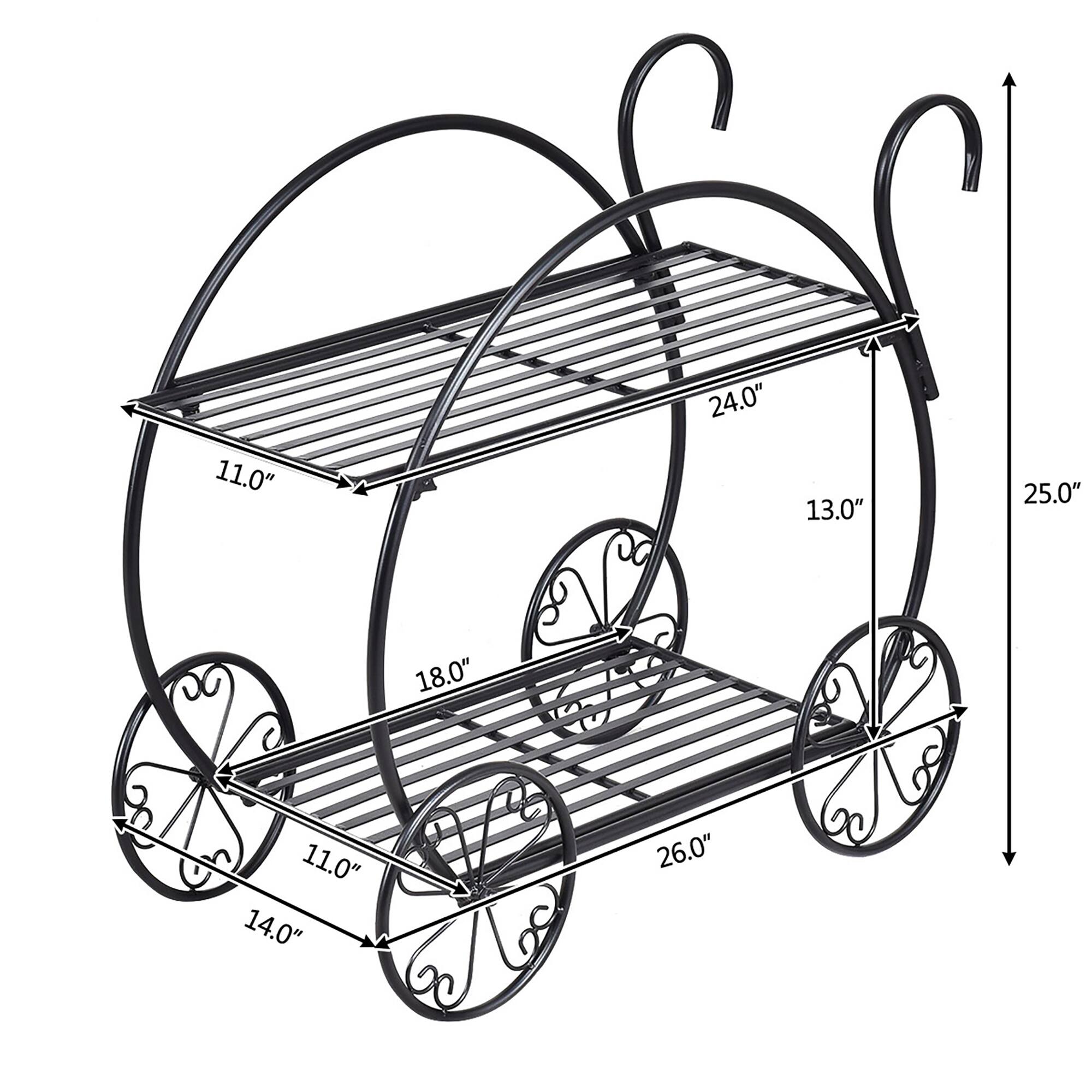 The image features a black metal cart with a basket and wheels. The cart is 18 inches tall and has a basket that is 13.5 inches in diameter. The wheels are 11.5 inches in diameter, and the cart is 26 inches wide.