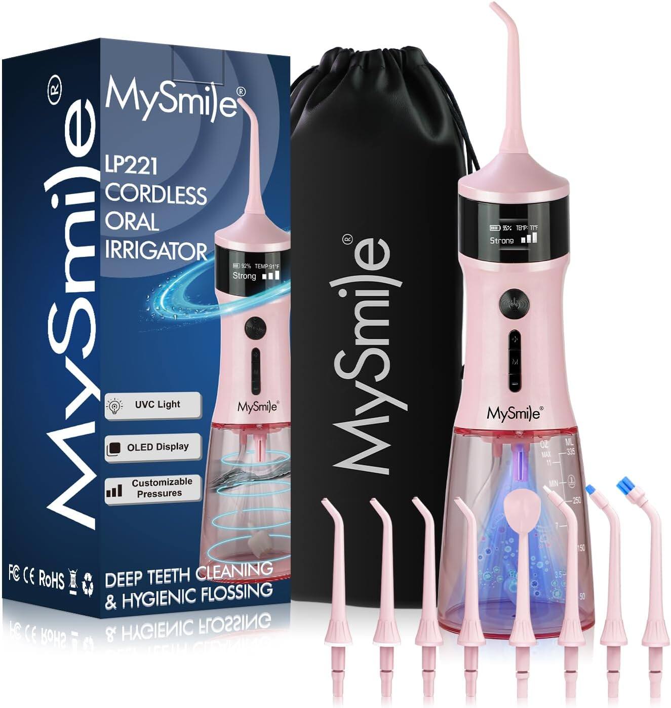 MySmile - LP221 Cordless UVC Sterilizable Water Flosser - 335ML Tank - 4 Modes - 8 Jet Tips - Travel Bag - Pink