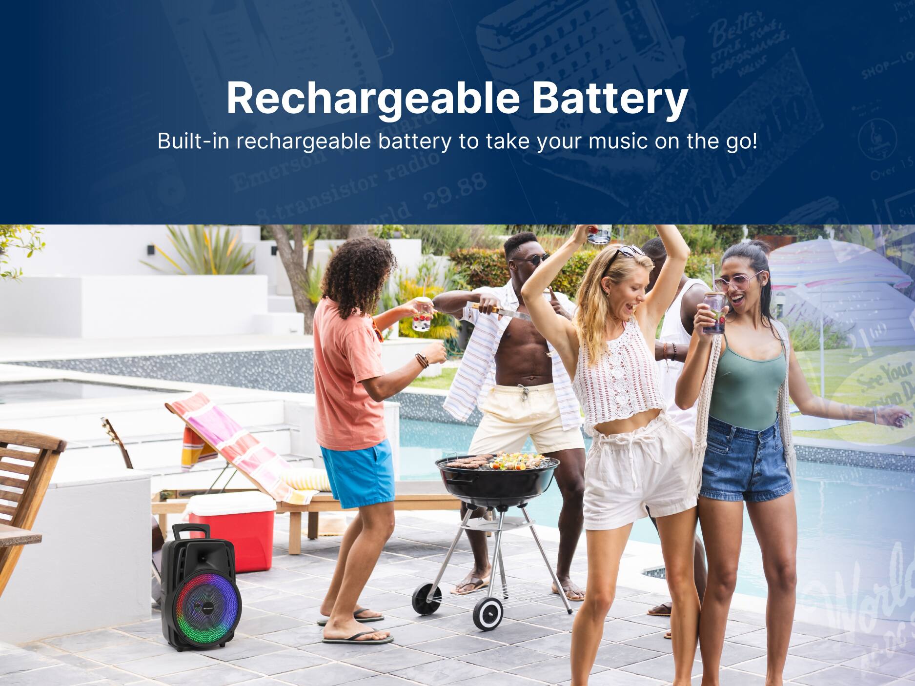 Better TOAE, POEFORMANCE, STRLE e Rechargeable Battery io Built-in rechargeable battery to take your music on the go! Emerson radio 8-transistor 29.88 orld Pi l L SHOP-LO 15 Over bu 210 See Your D O0  Morl DC