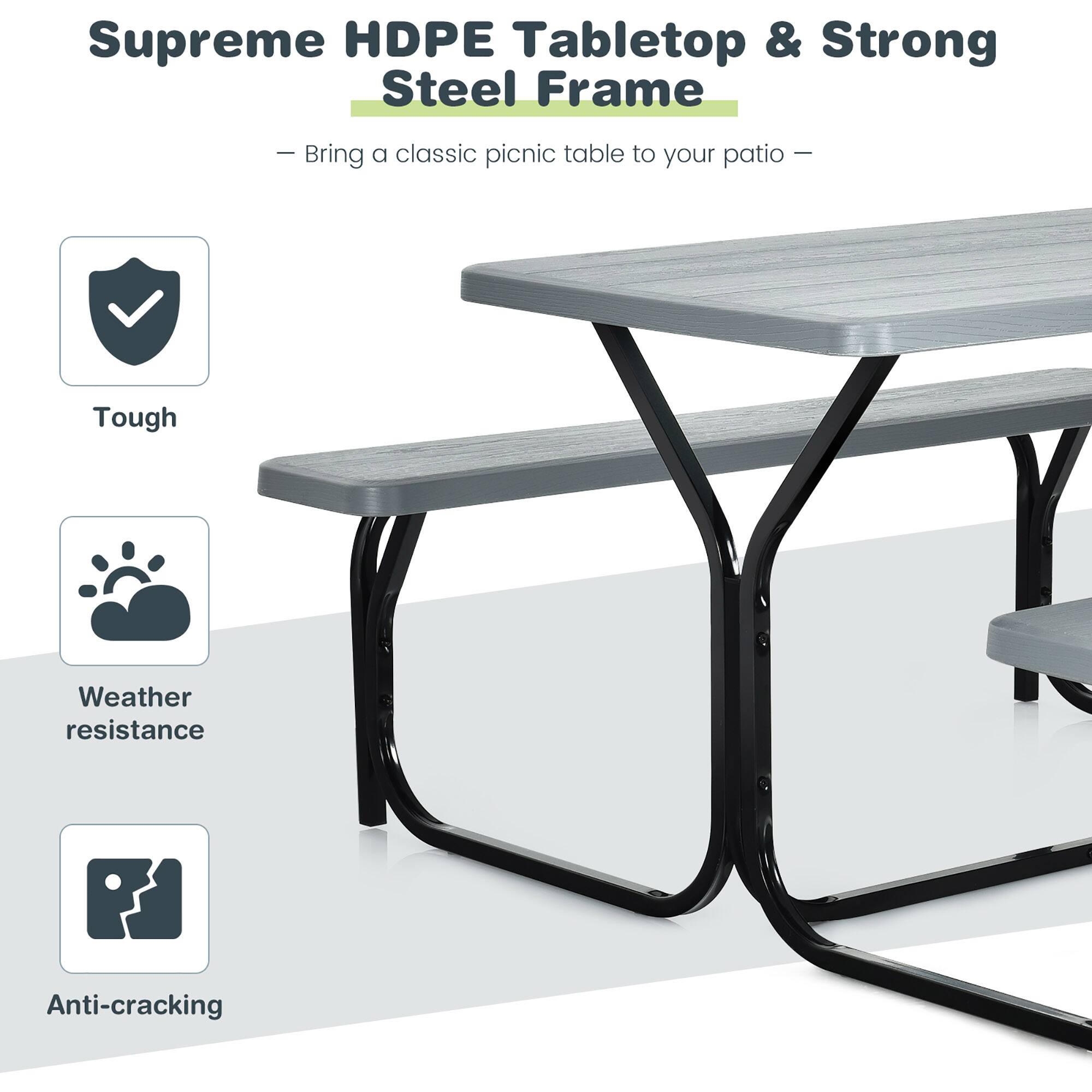 Supreme HDPE Tabletop & Strong Steel Frame

- Bring a classic picnic table to your patio —

- Tough
- Weather resistance
- Anti-cracking