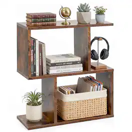 Costway - 3-Tier S-Shape Bookshelf Freestanding Display Rack Storage Shelf - Brown