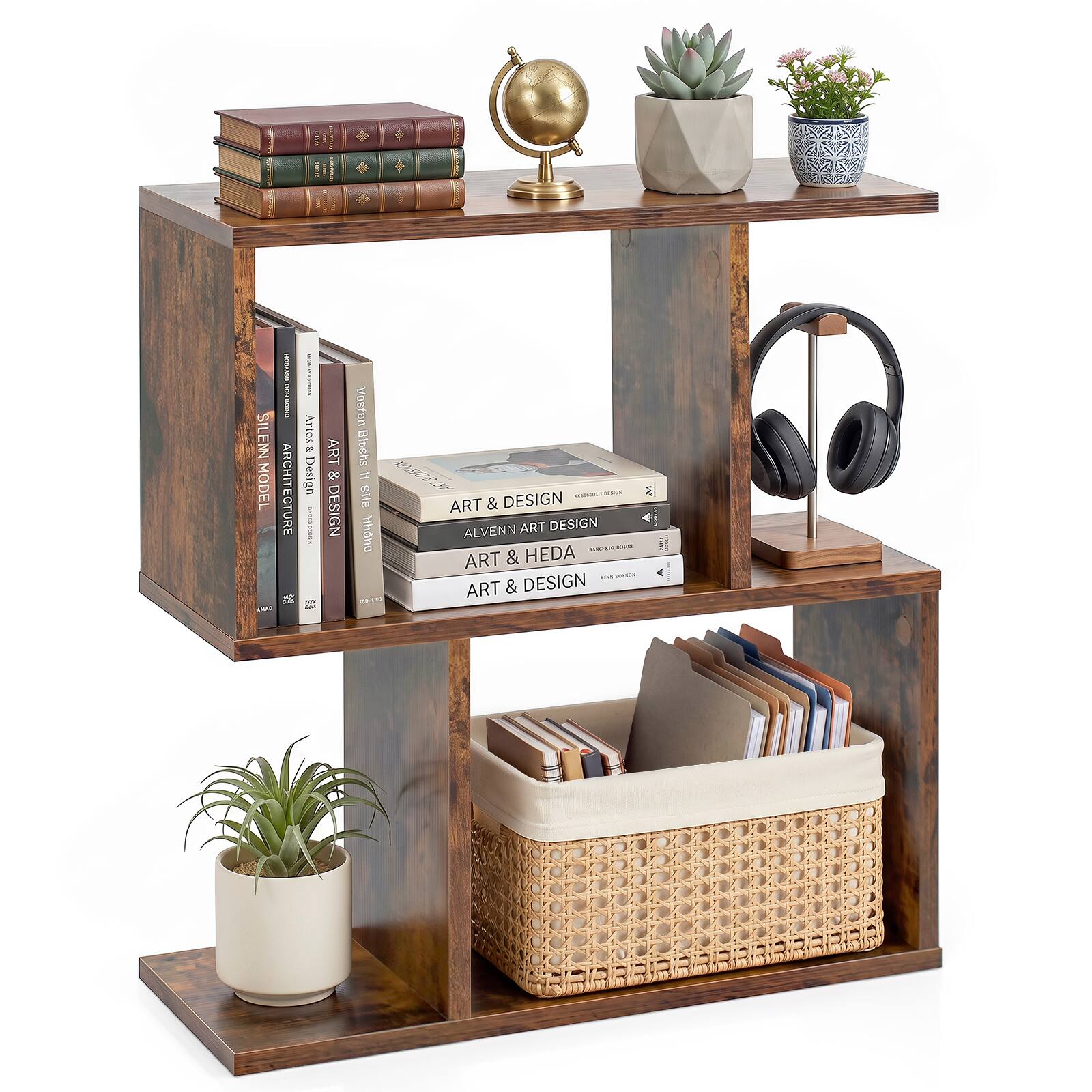 Costway - 3-Tier S-Shape Bookshelf Freestanding Display Rack Storage Shelf - Brown