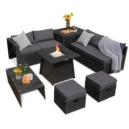 Costway - 9PCS Patio Rattan Furniture Set Fire Pit Space-saving W/Cover Grey Cushion cover - Gray