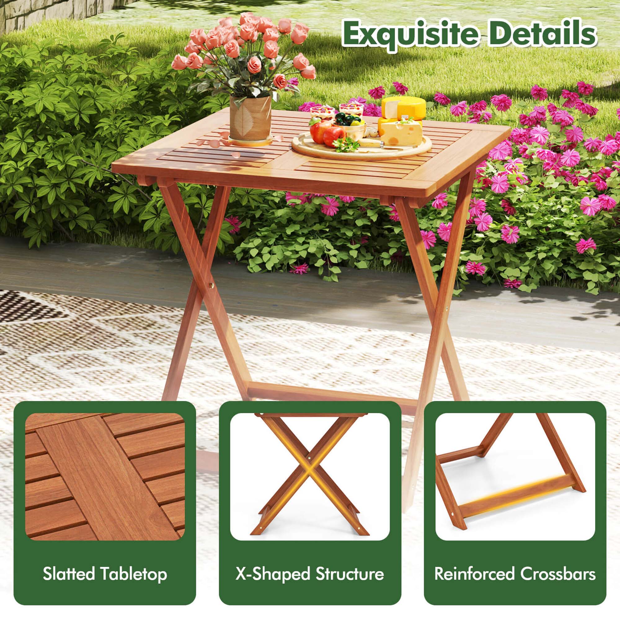 Exquisite Details
Slatted Tabletop
X-Shaped Structure
Reinforced Crossbars