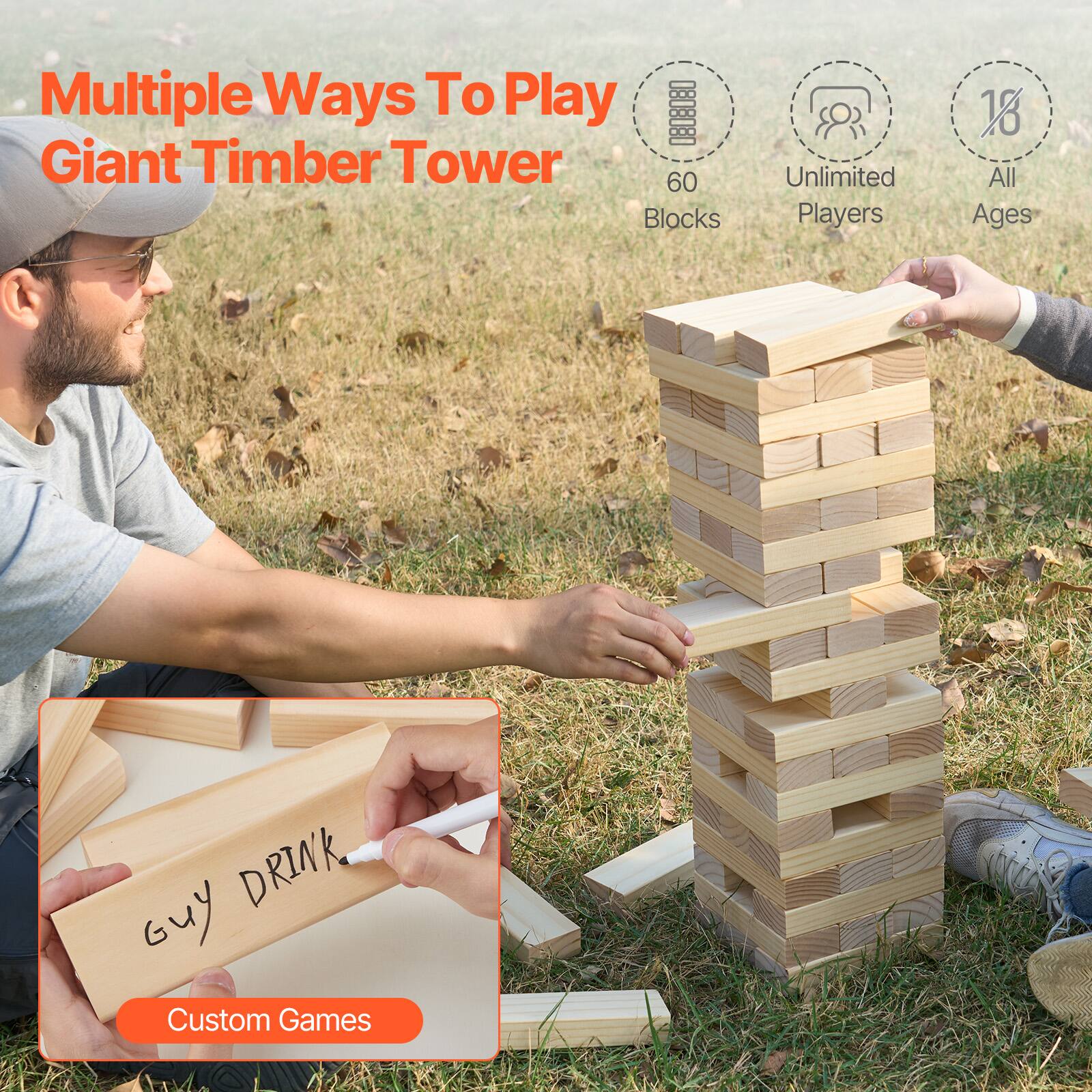 Multiple Ways To Play  
Giant Timber Tower  

60 Blocks  
Unlimited Players  
All Ages  

Custom Games
