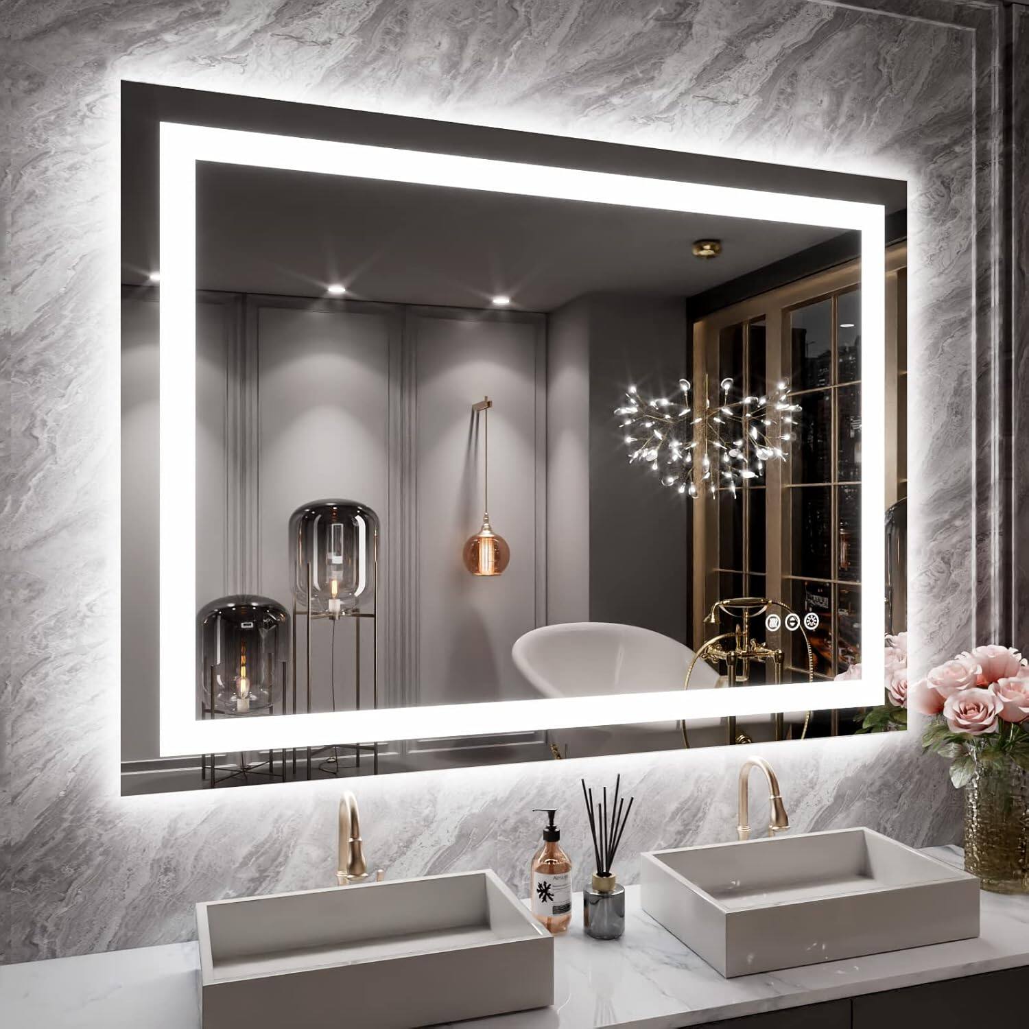 Front. Boyel Living - 40x30 inch IP54 Waterproof LED Bathroom Mirror Anti Fog Dimmable Adjustable Color Temperature - Silver.