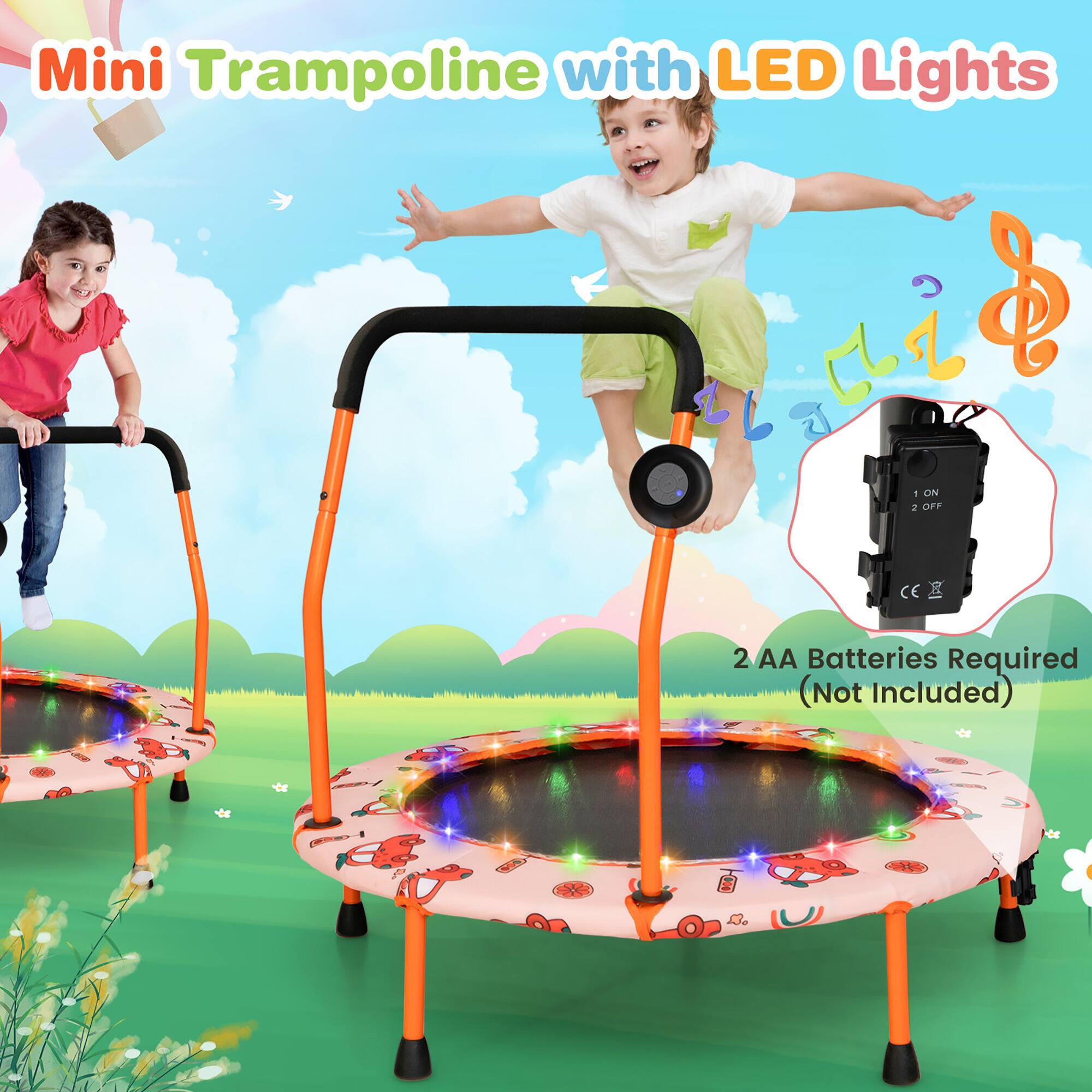 Mini Trampoline with LED Lights  
C & C S  
ON 1 OFF CE D 2  
2 AA Batteries Required (Not Included)