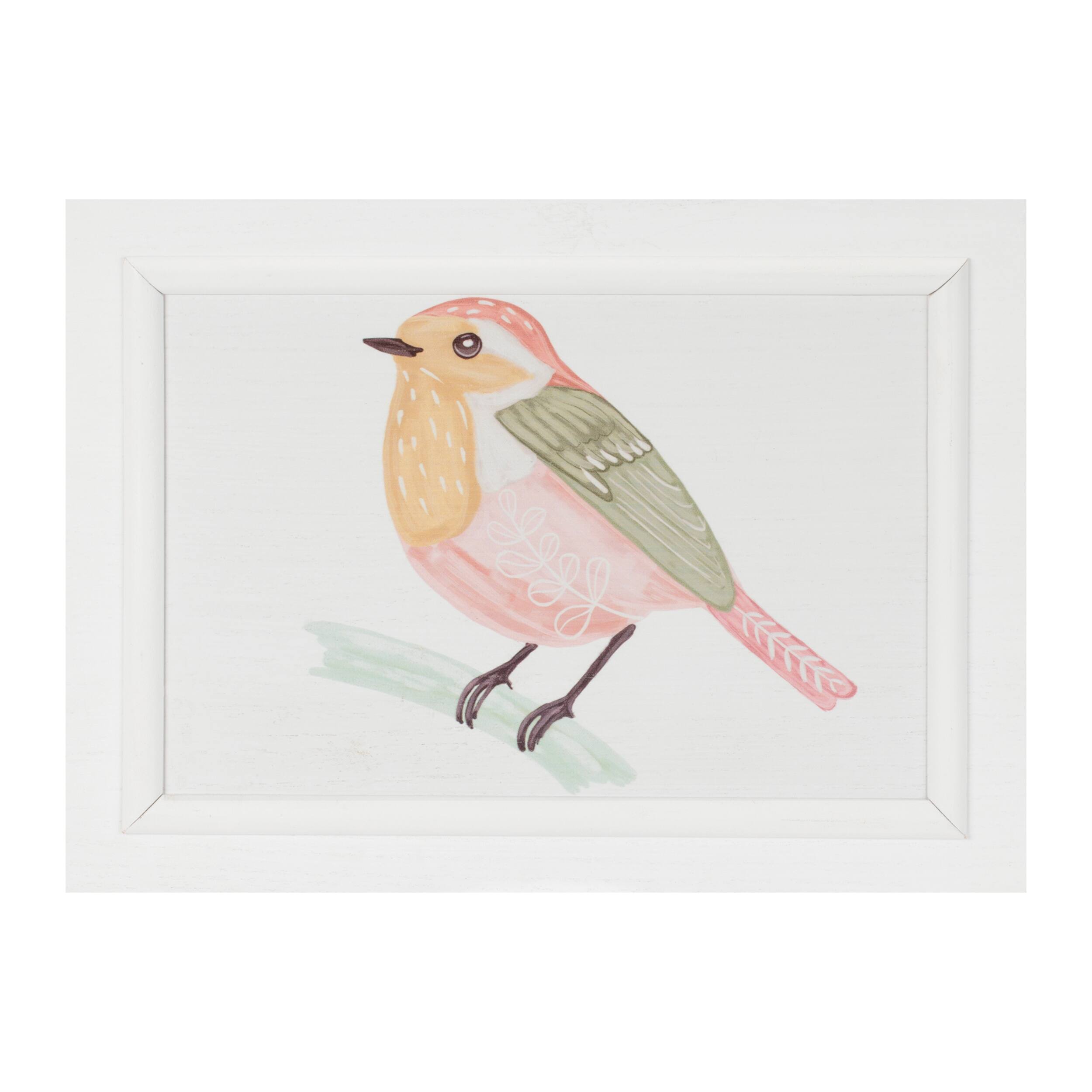 Angle. BreeBe - Framed Bird and Butterfly Wall Plaque (Set of 2) - White, Yellow, Pink.
