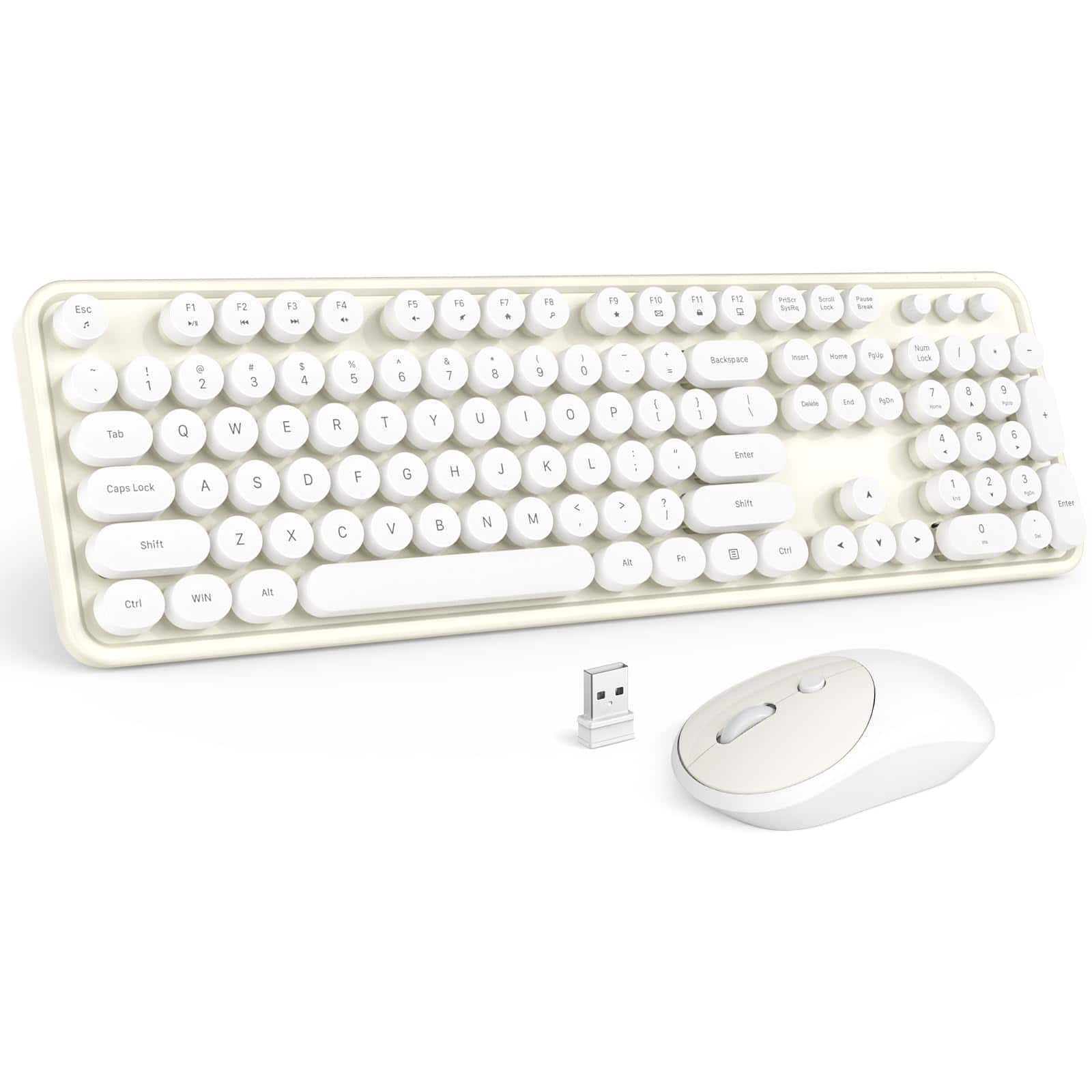 Cozy Serene - Wireless And Mouse Combo Blue Colorful Round Key Typewriter Keyboards hz Full Size Computer Mice Usb Receiver Plug Play - Milk White