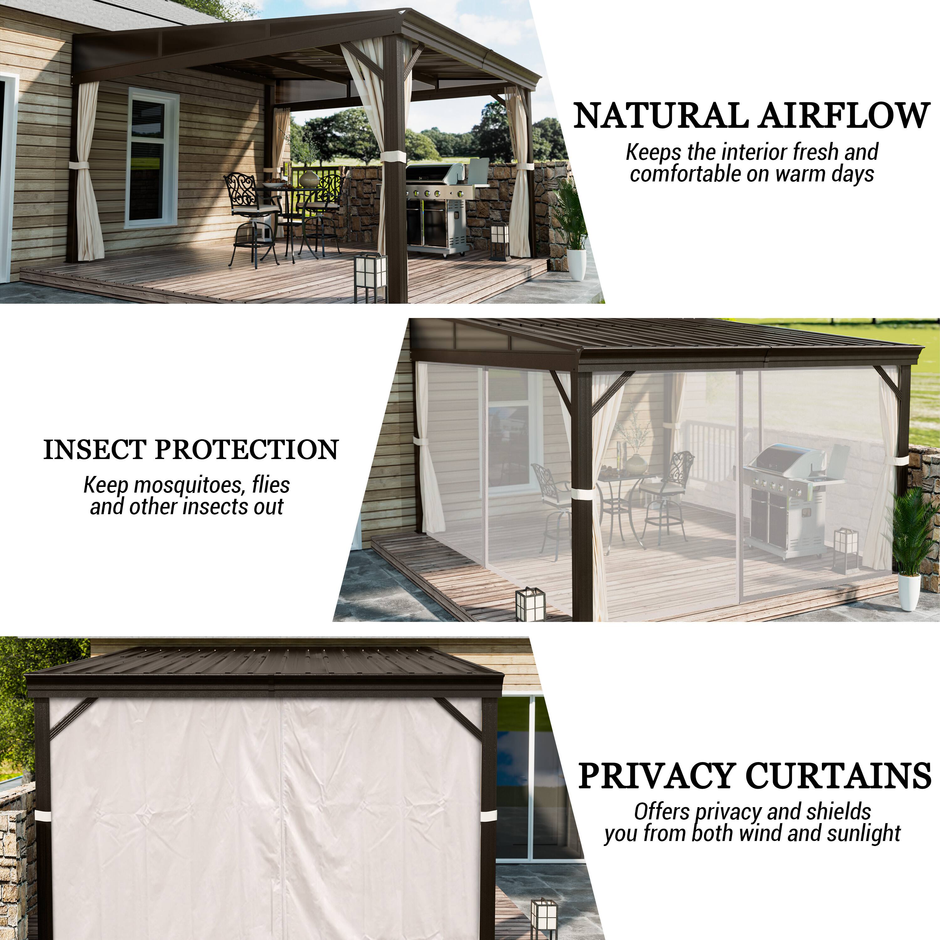 NATURAL AIRFLOW  
Keeps the interior fresh and comfortable on warm days

INSECT PROTECTION  
Keep mosquitoes, flies and other insects out

PRIVACY CURTAINS  
Offers privacy and shields you from both wind and sunlight