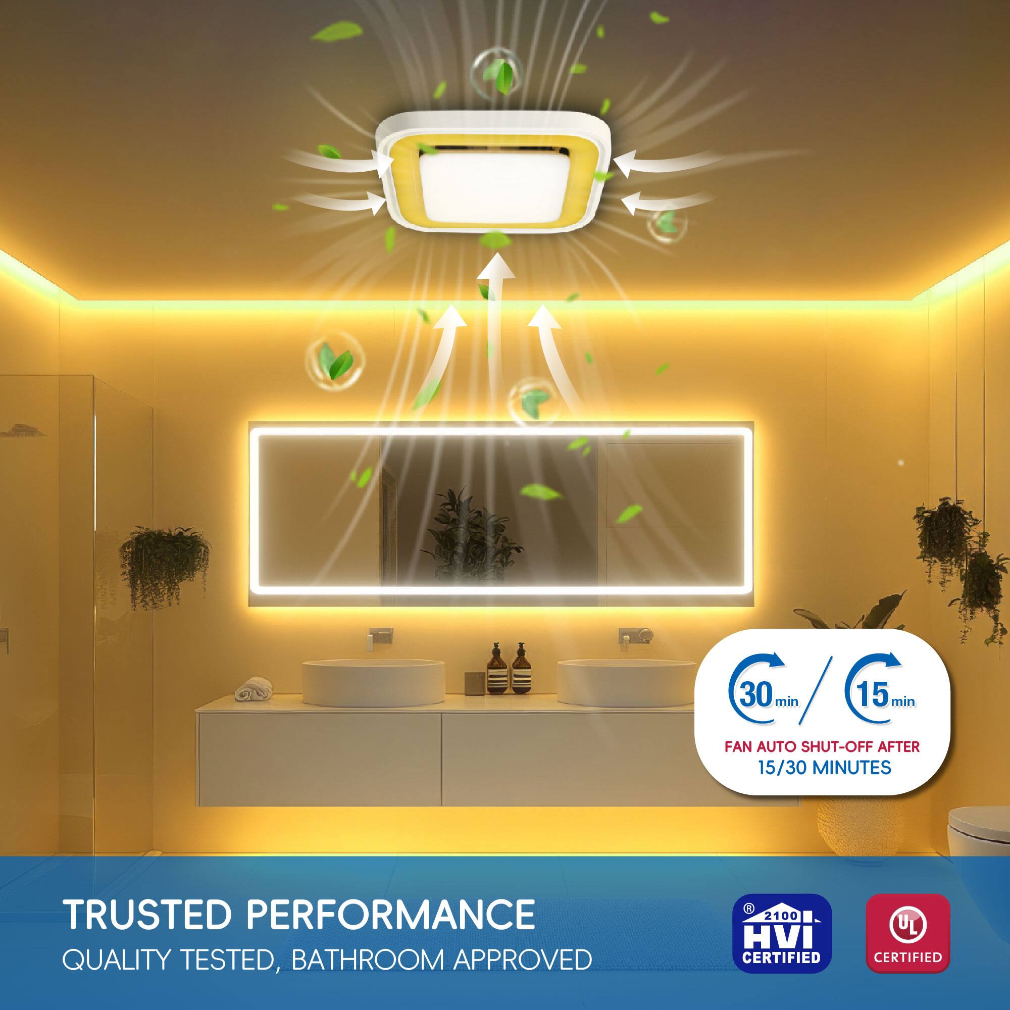 30 min / 15 min  
FAN AUTO SHUT-OFF AFTER 15/30 MINUTES  
TRUSTED PERFORMANCE  
QUALITY TESTED, BATHROOM APPROVED & 2100 HVI CERTIFIED  
UL CERTIFIED