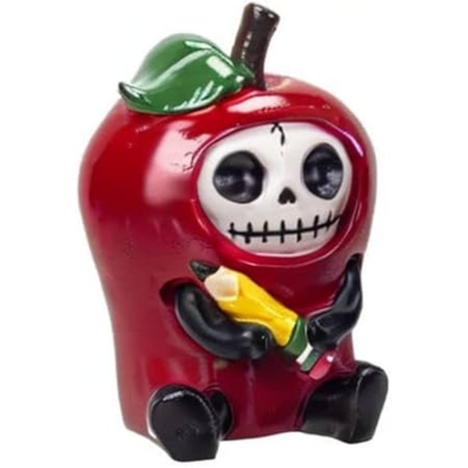Left. Pacific Trading - Furrybones Ringo Signature Skeleton in a Red Apple Costume with a Pencil Friend Figurine - Red.