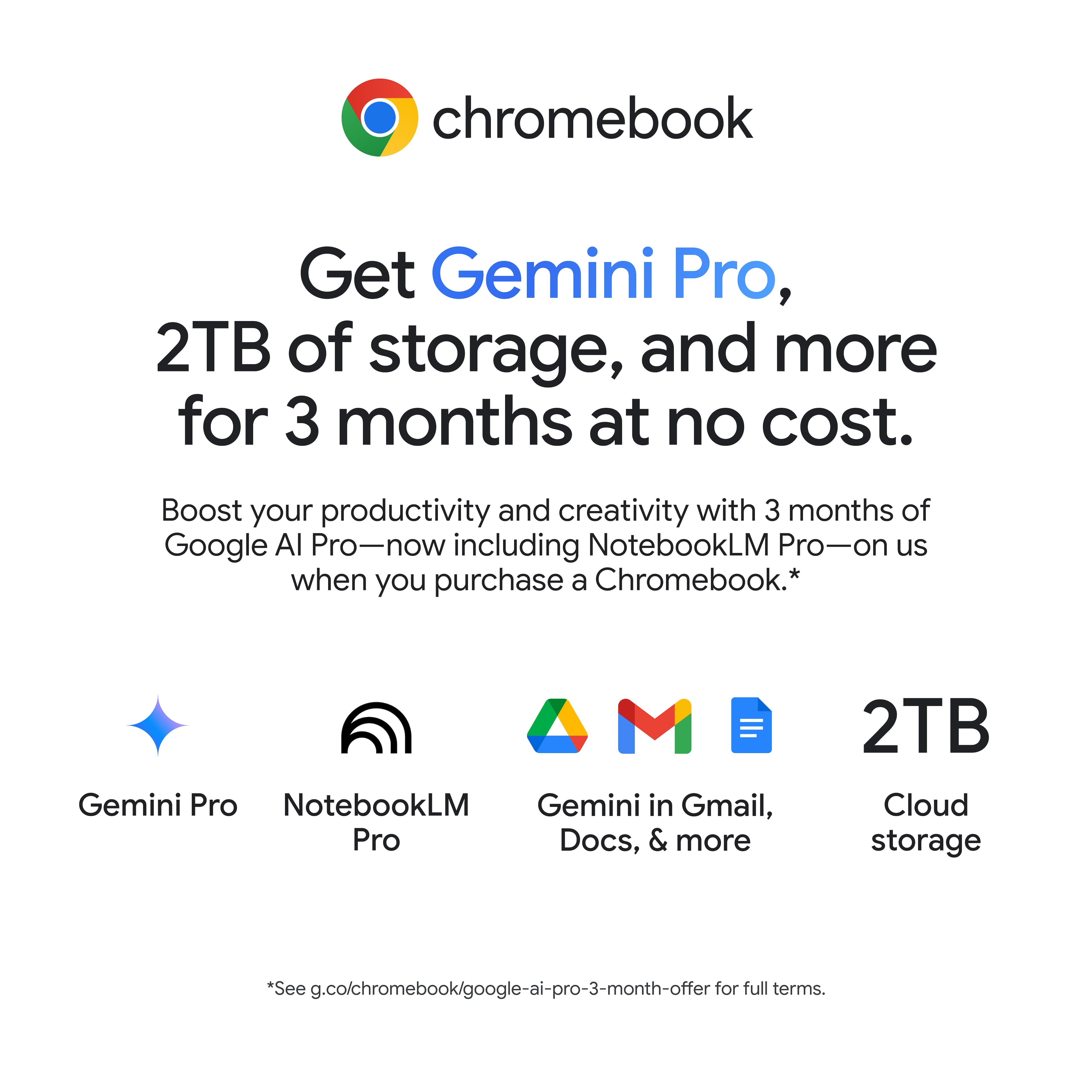 Chromebook is offering a special deal for Gemini Pro, which includes 2TB of storage and more for three months at no cost. This offer is designed to boost productivity and creativity, as it comes with three months of Google Al Pro, including NotebookLM Pro. Additionally, the deal includes Gemini in Gmail, Pro Docs, and more, along with 2TB of cloud storage. To take advantage of this offer, customers must purchase a Chromebook. The full terms of the offer can be found at g.co/chromebook/google-ai-pro-3-month-offer.