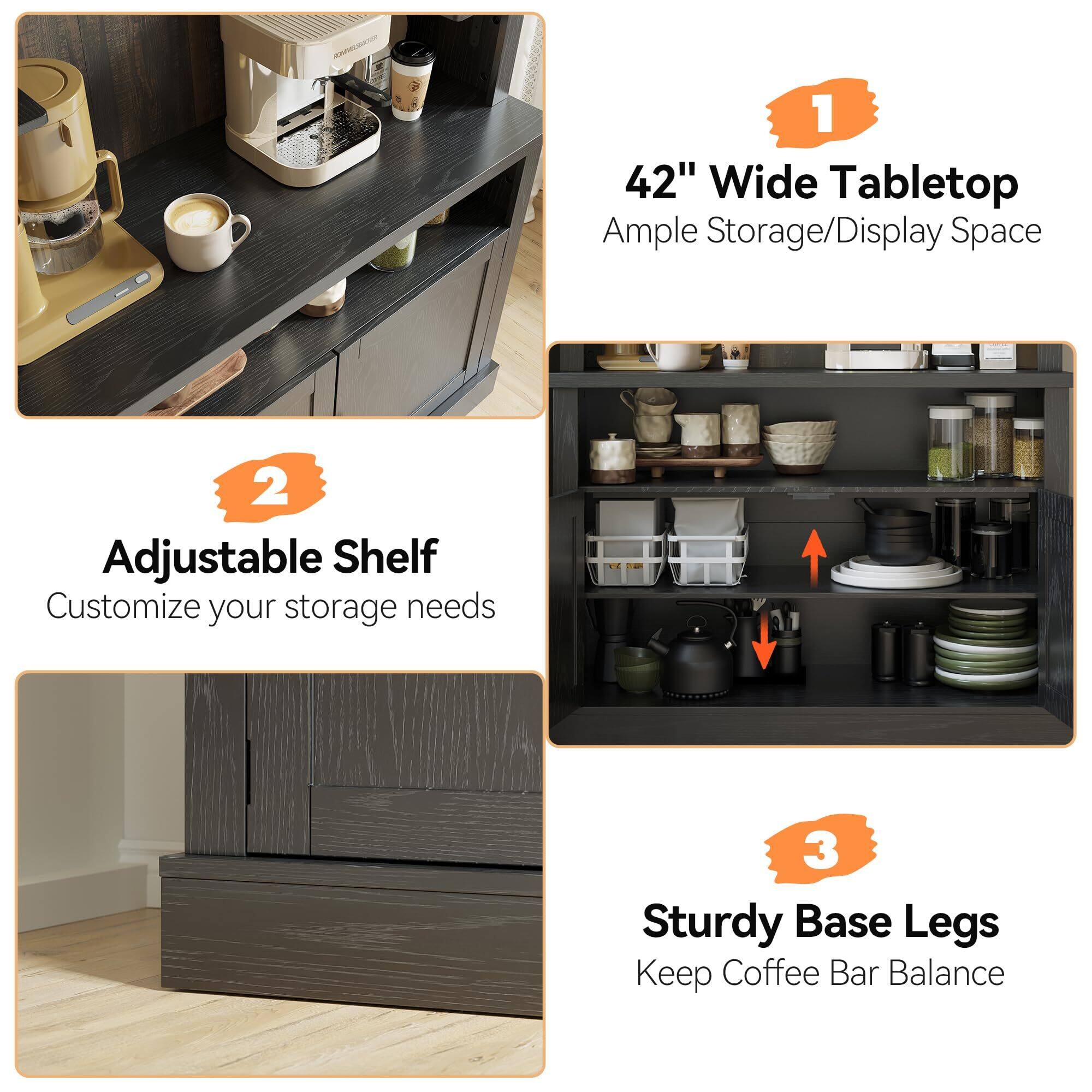 1. 42" Wide Tabletop  
   Ample Storage/Display Space

2. Adjustable Shelf  
   Customize your storage needs

3. Sturdy Base Legs  
   Keep Coffee Bar Balance
