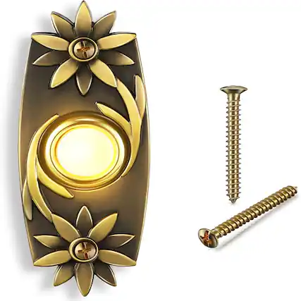 Front. Schertz - Lighted Metal Doorbell Push Button with LED, Universal Flower Style - Antique Brass.