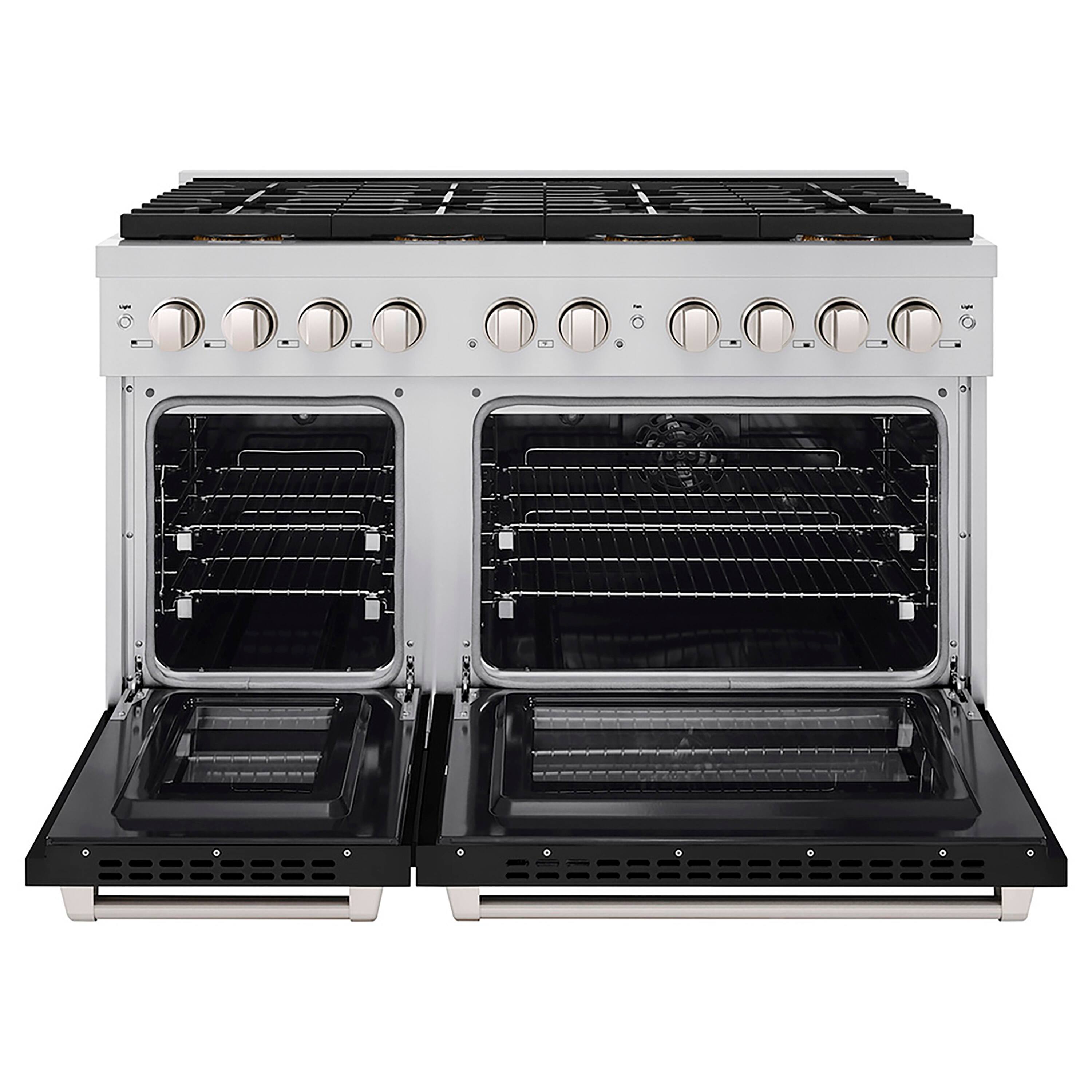 Angle. ZLINE - ZLINE 48 in. Paramount Dual Fuel Range with 8 Burner DuoPro Cooktop and Dual Ovens w/ Black Doors (PSDR-BLM-48) - Stainless Steel with Black Matte Door.